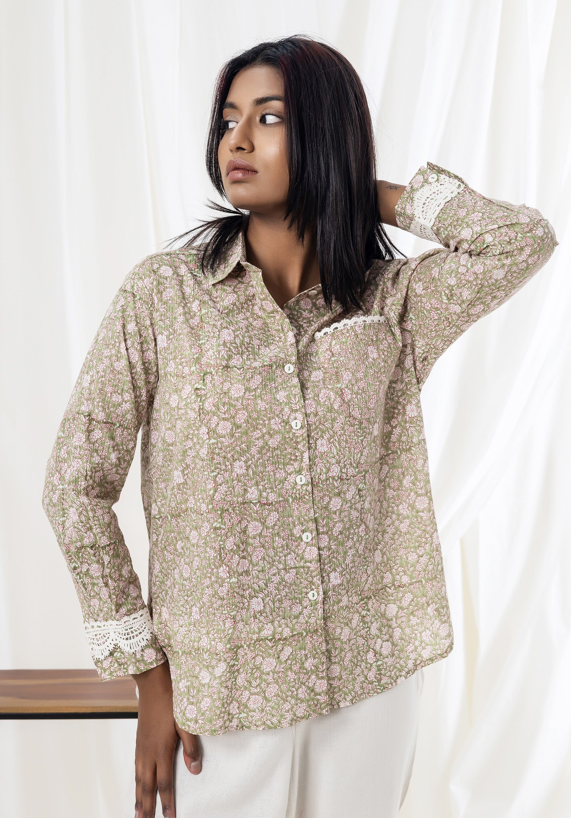 Women Block printed Piyu Oversized shirt Liberty Green