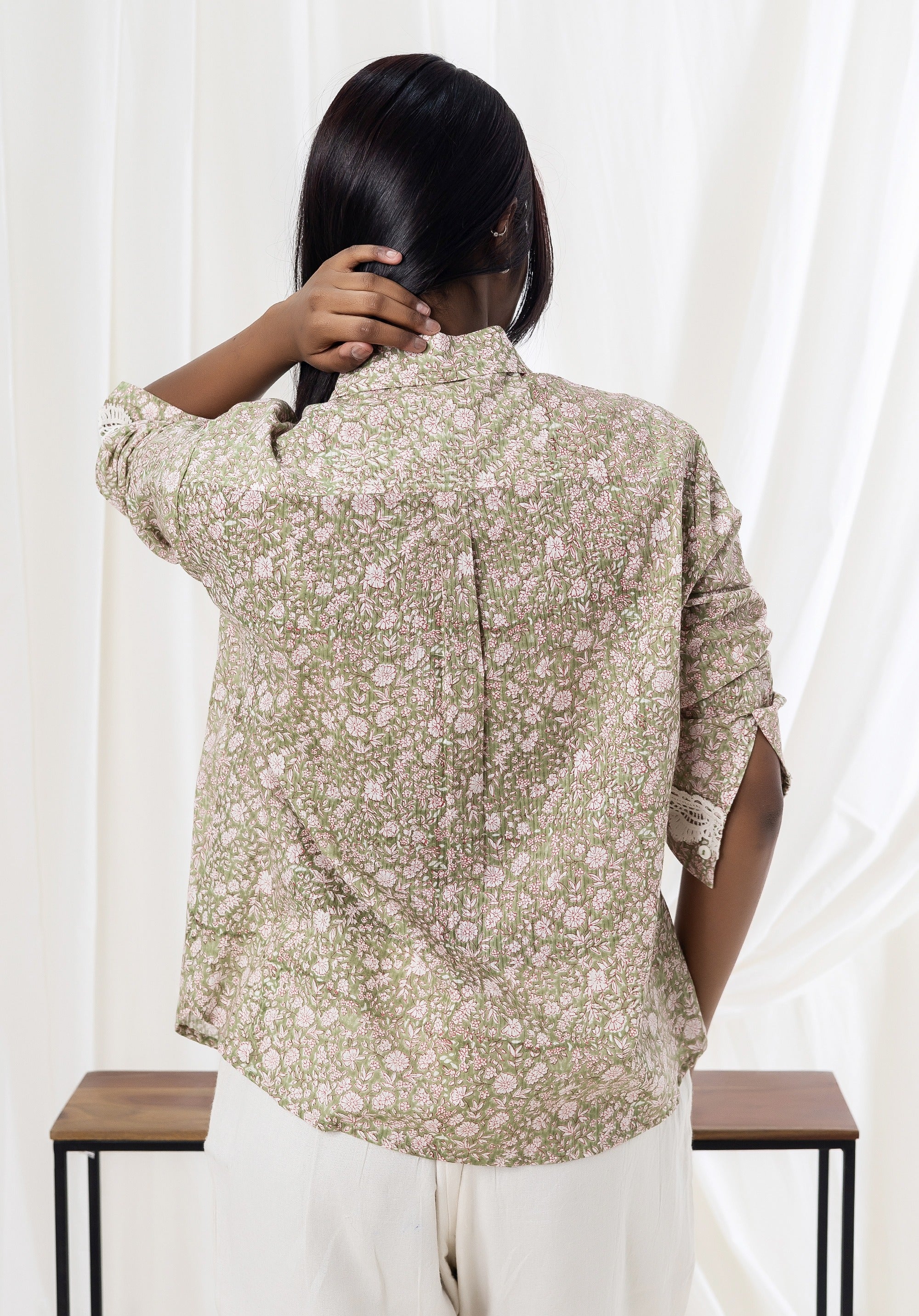 Women Block printed Piyu Oversized shirt Liberty Green