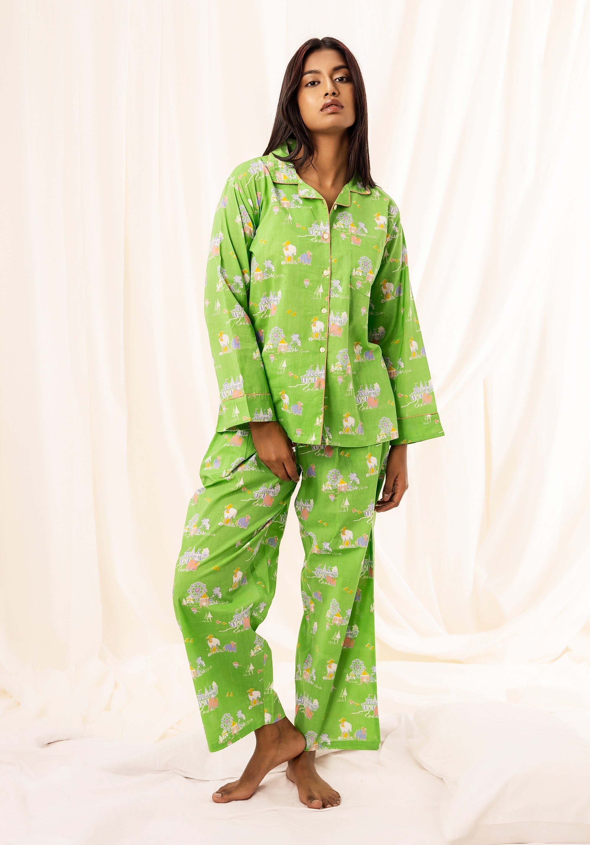 Premium cotton Women Nightsuit Lime Green Circus