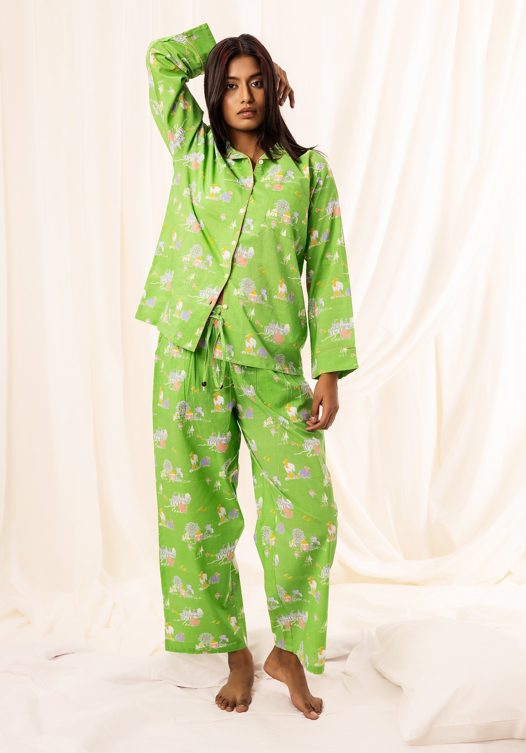 Premium cotton Women Nightsuit Lime Green Circus