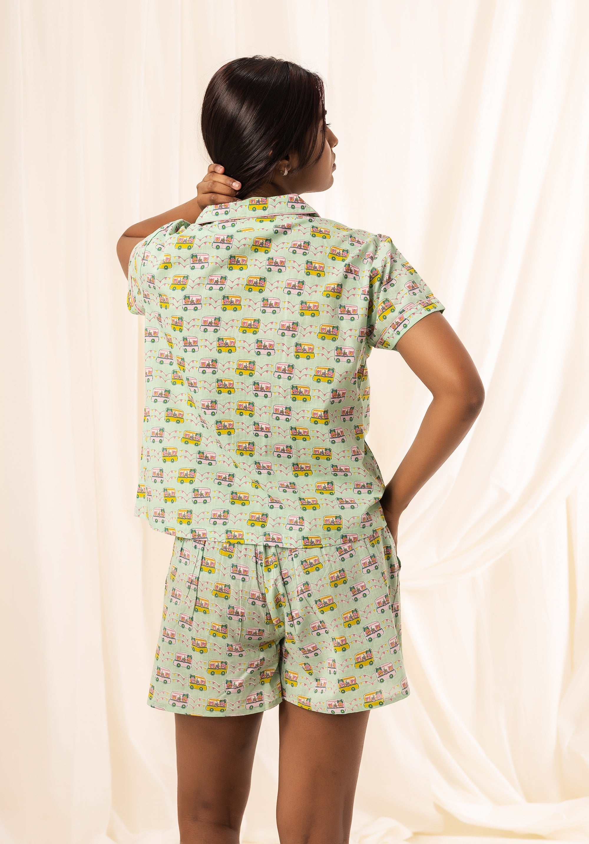 Premium cotton Women Nightsuit Shorts Bus Mint Green