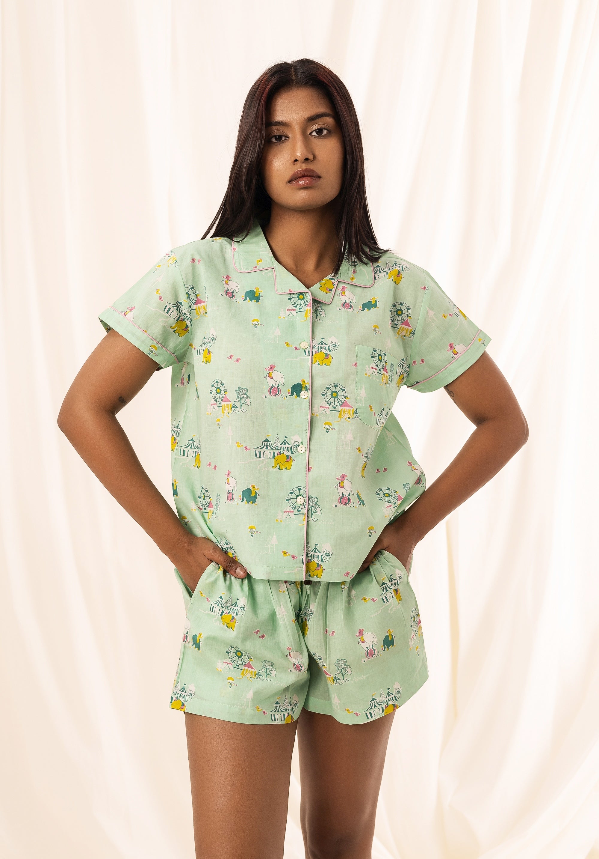 Premium cotton Women Nightsuit Shorts Mint Circus