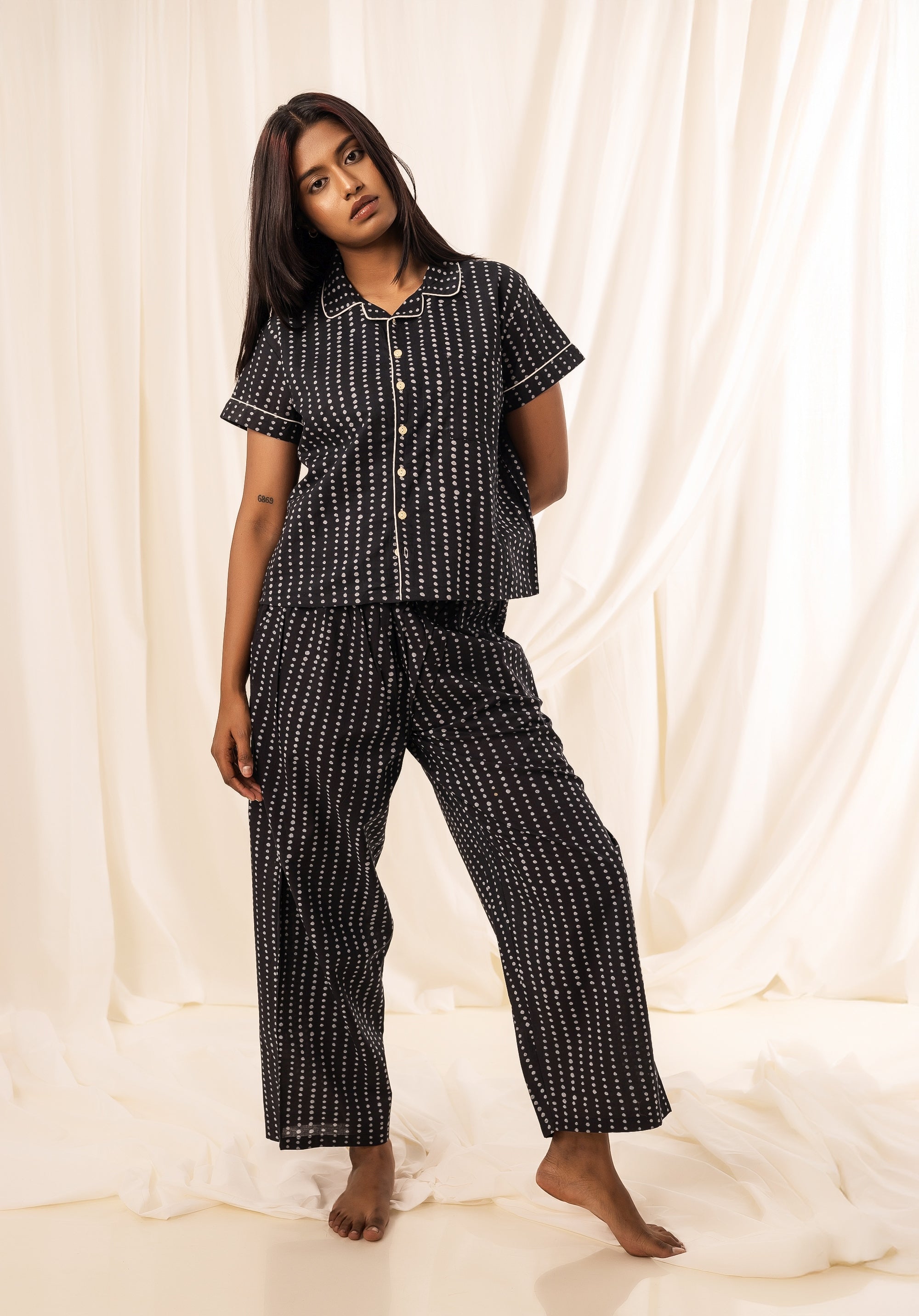 Women PJ Night suit Polka Black