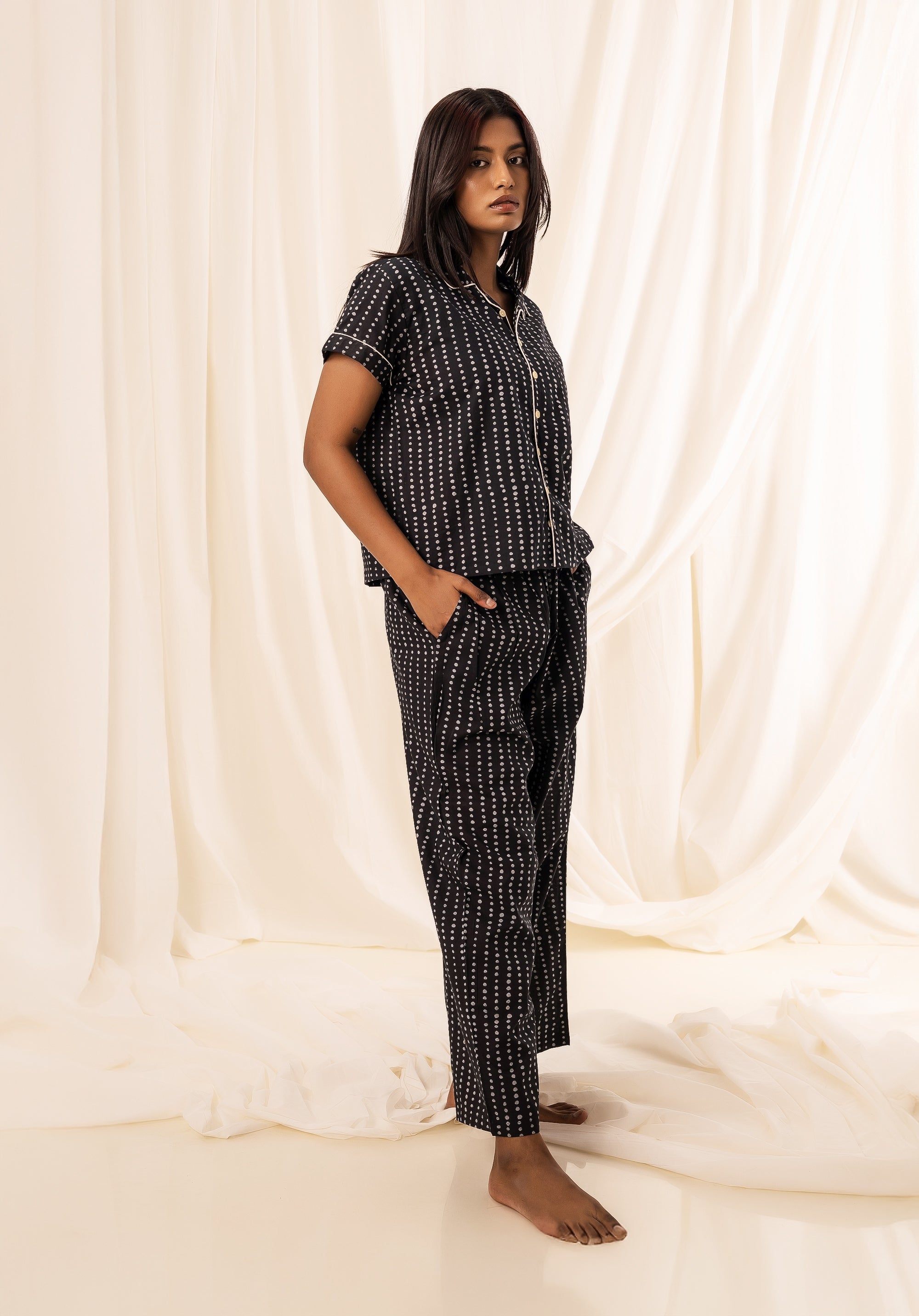 Women PJ Night suit Polka Black