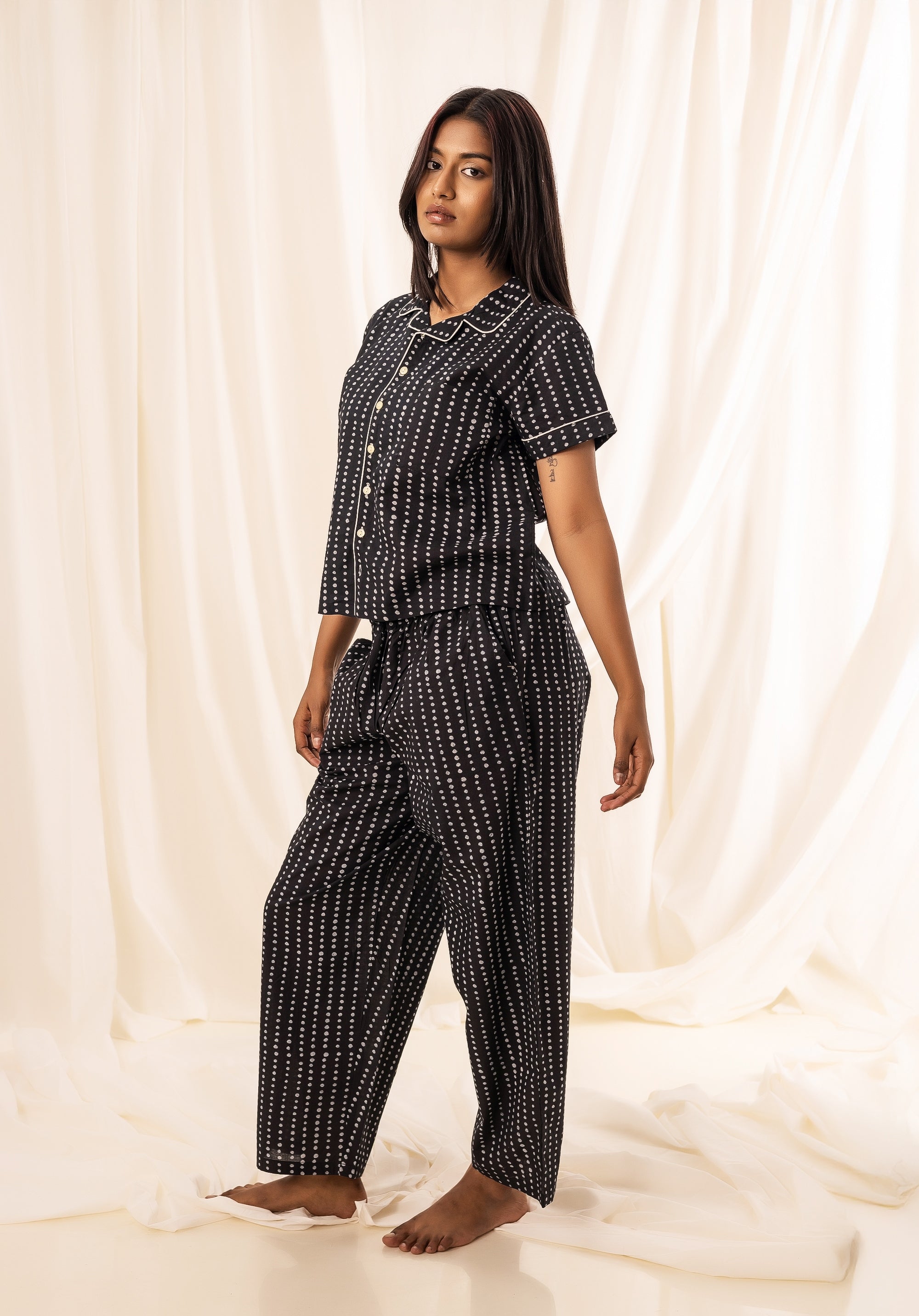 Women PJ Night suit Polka Black