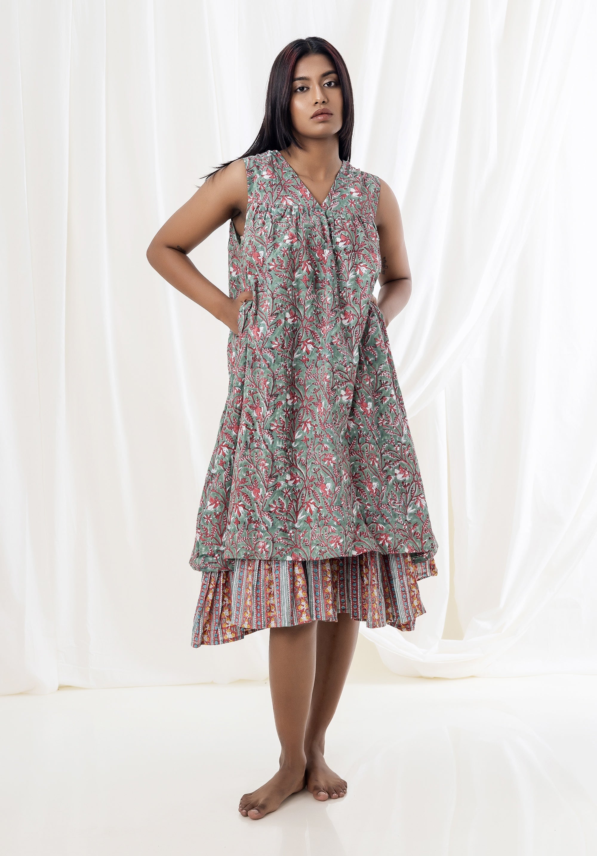 Women Tiered dress Nirmala Jaal Green