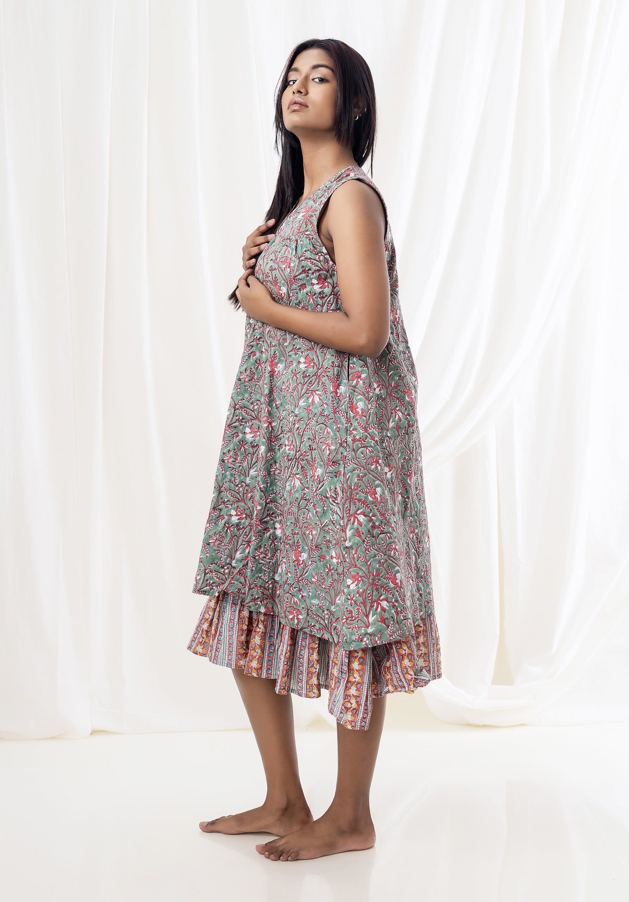 Women Tiered dress Nirmala Jaal Green