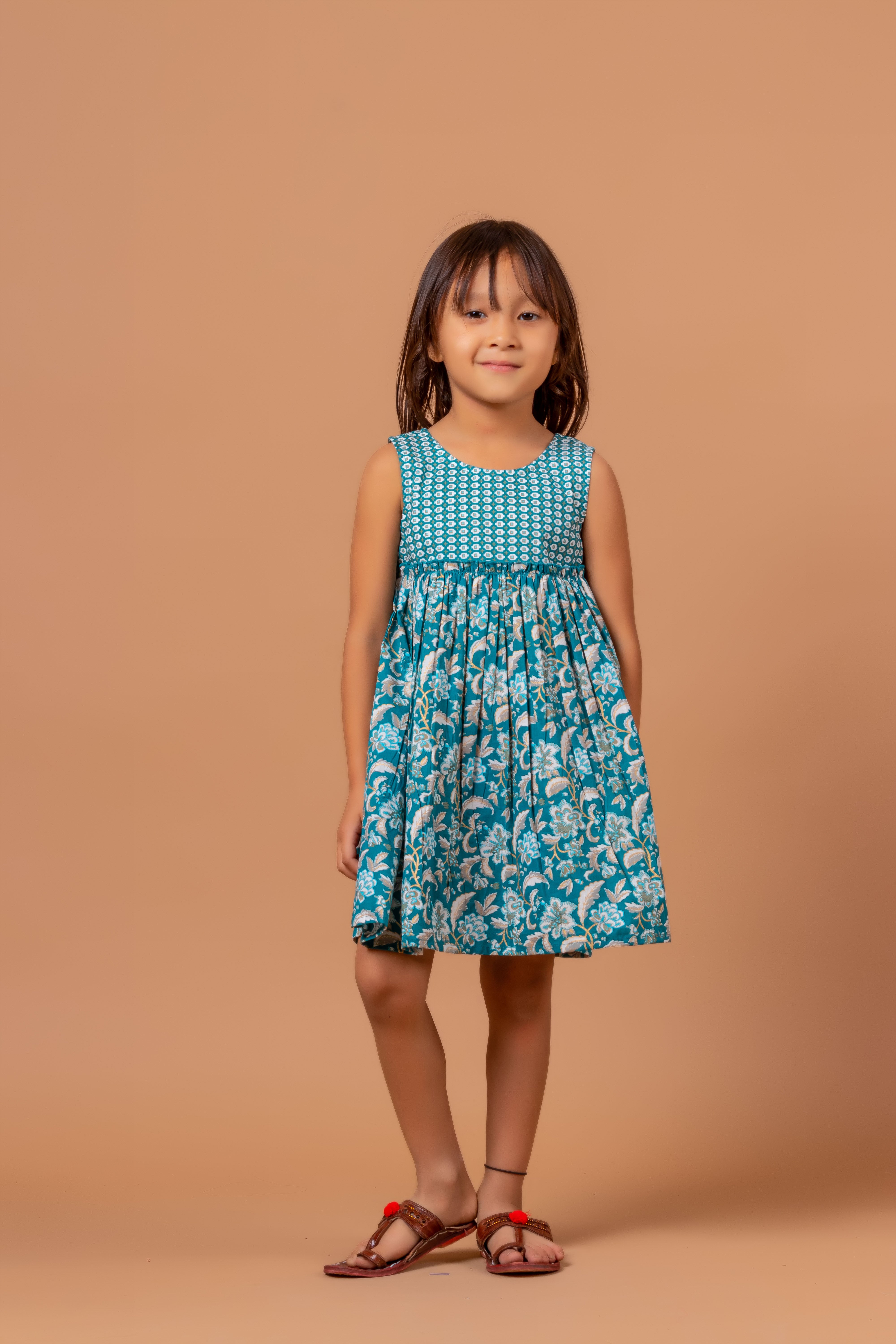 Girls Printed Dress Teal Jaal- 20401