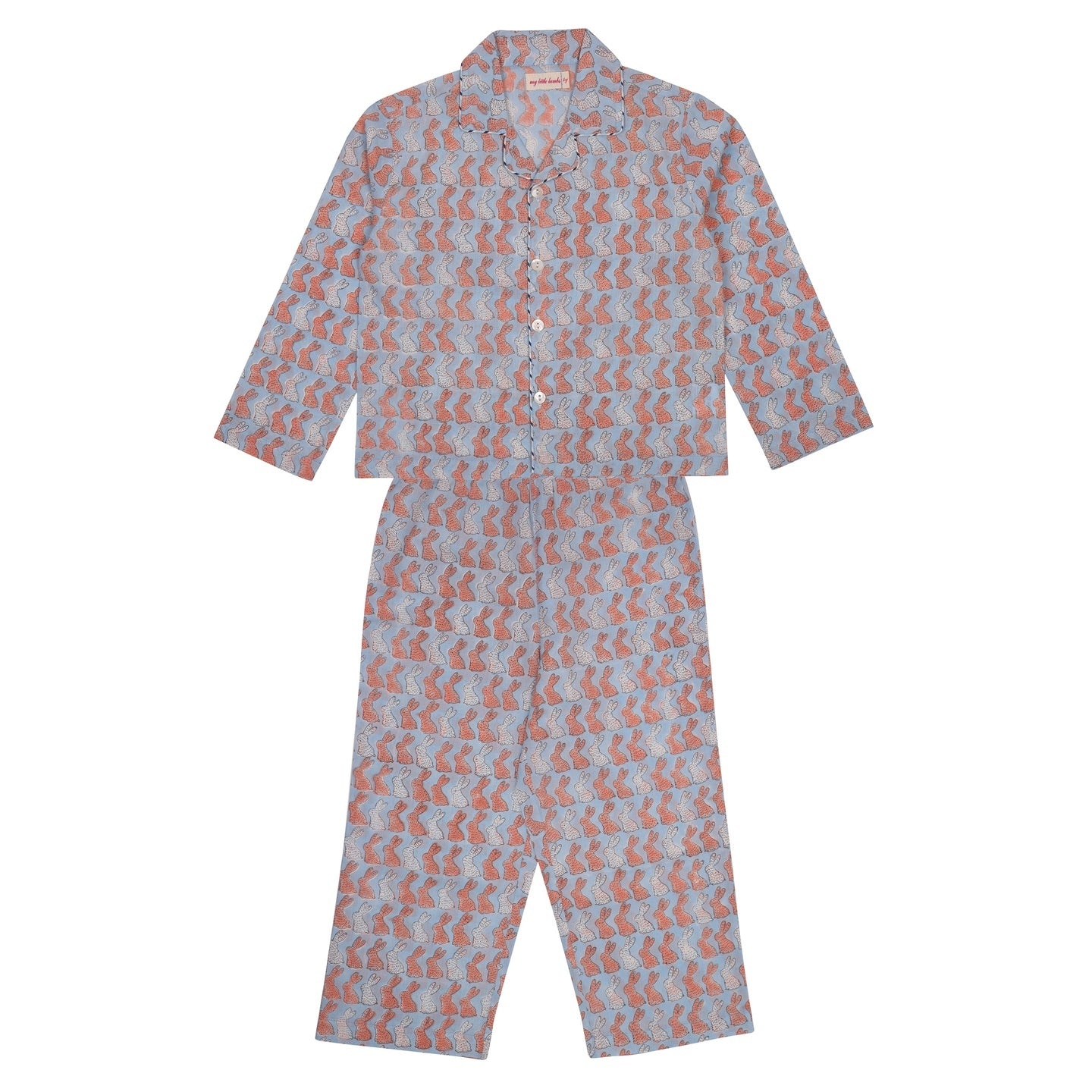 Block Printed Unisex Night Suit Set Bunny Blue