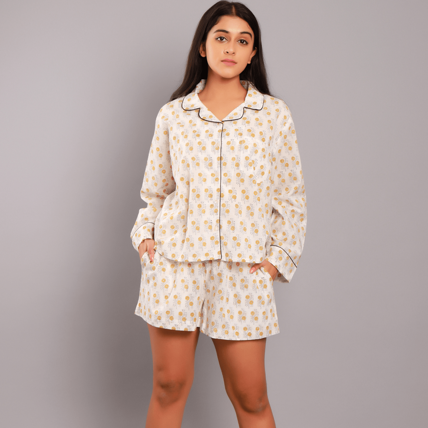 Women nightsuit shorts Ethnic buti yellow block printed