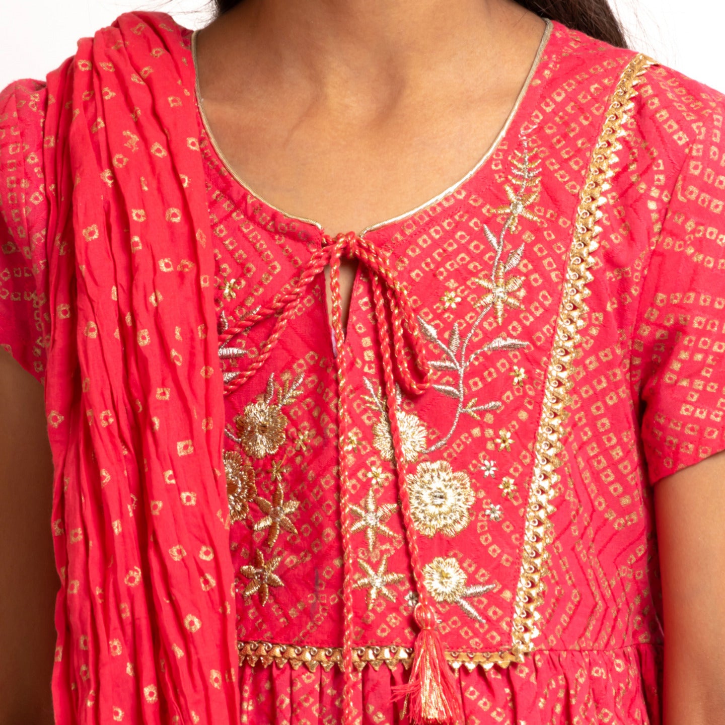 Girl's Block printed Embroidered Kurta Set Coral Red