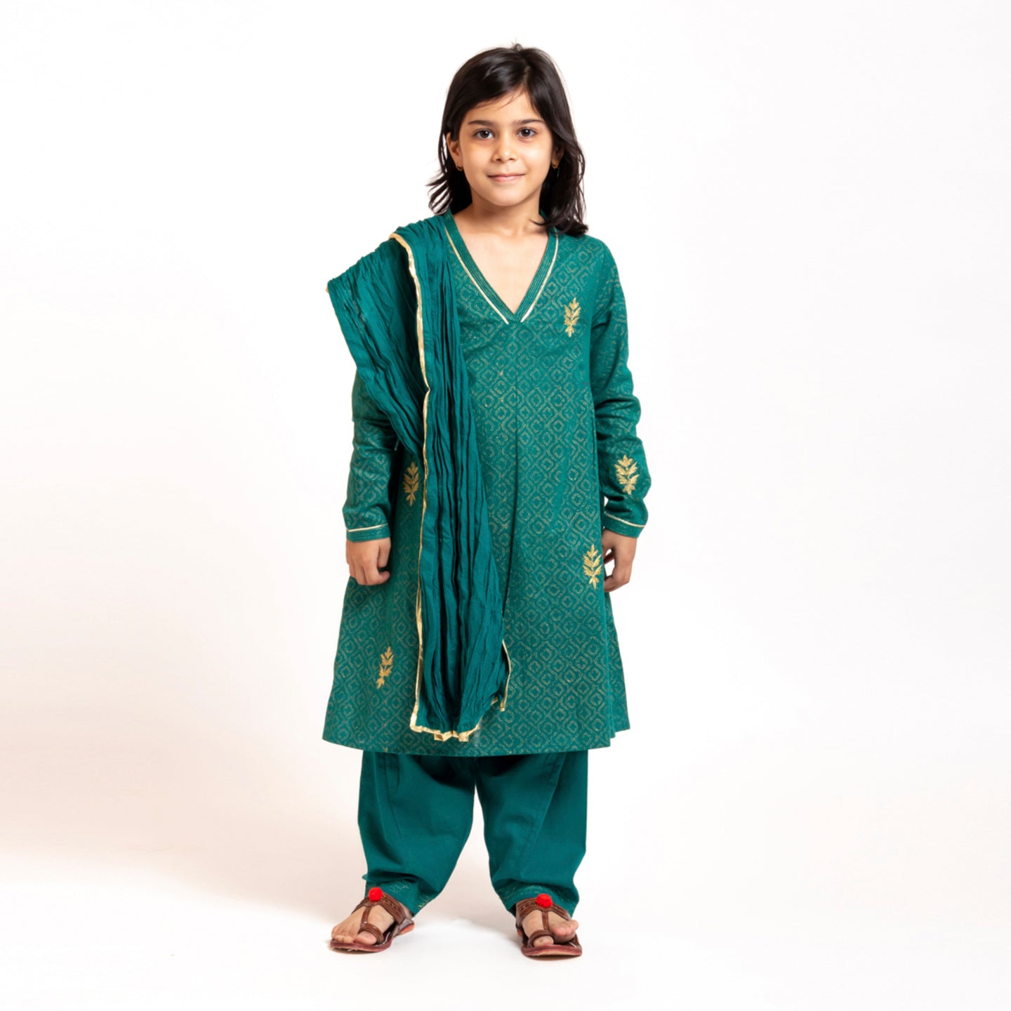 Girl's Block printed Embroidered Kurta Set Green