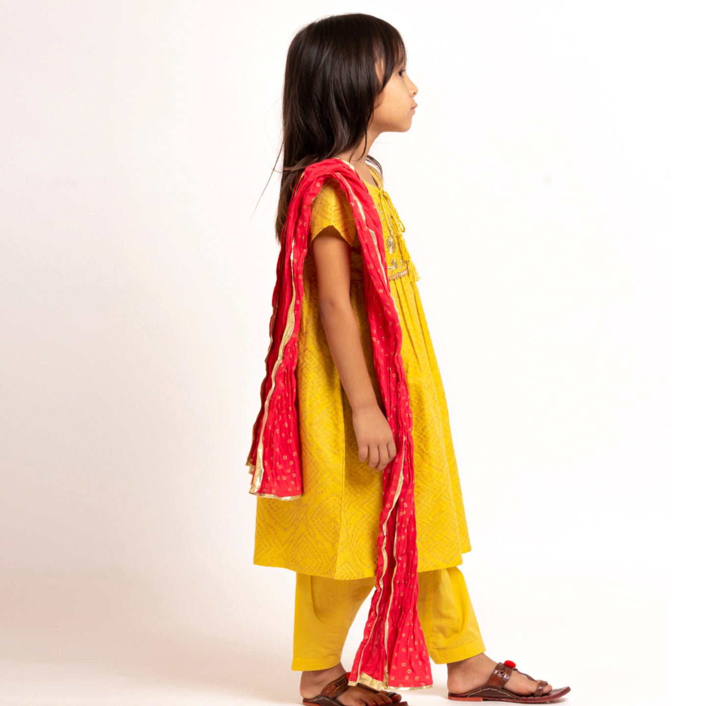 Girl's Block printed Embroidered Kurta Set Yellow