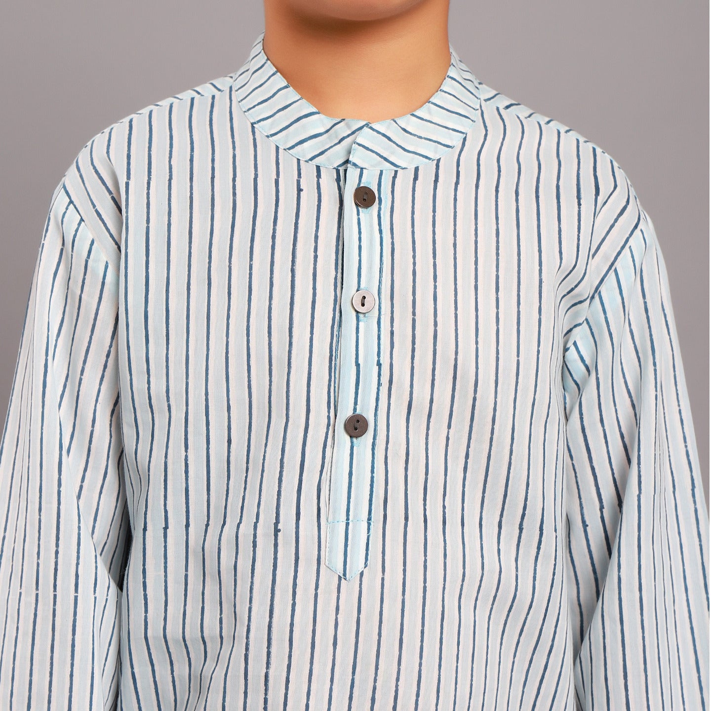 Block printed Boy's Striped Kurta Shirt Blue