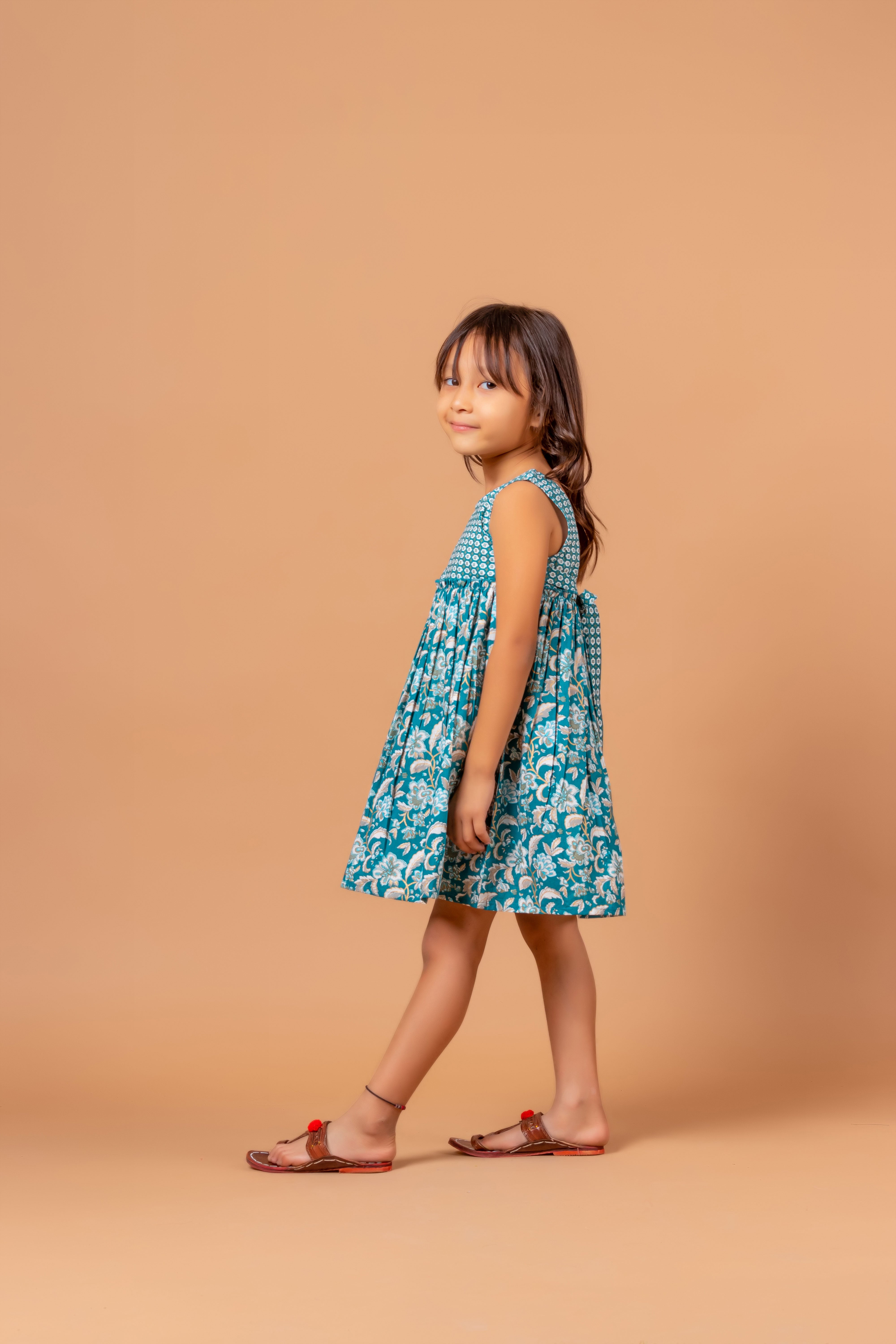 Girls Printed Dress Teal Jaal- 20401