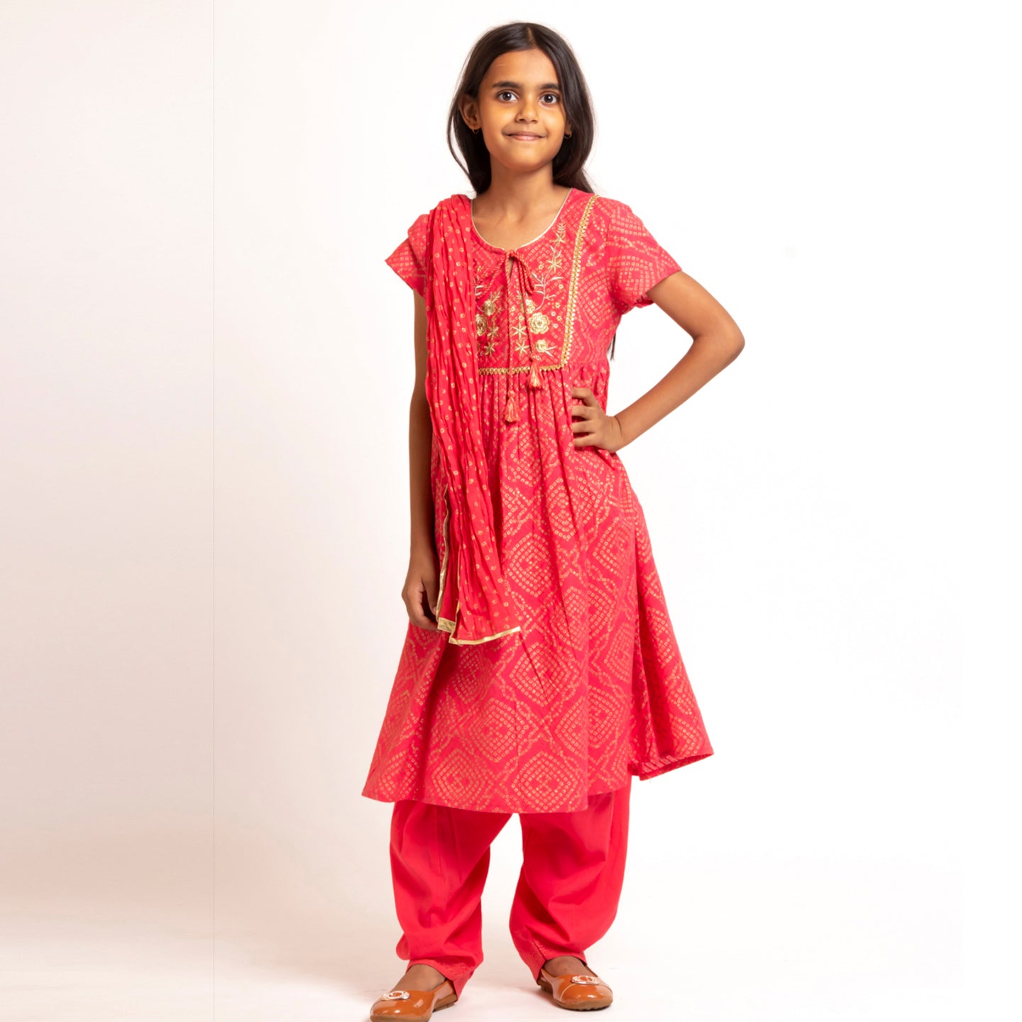 Girl's Block printed Embroidered Kurta Set Coral Red