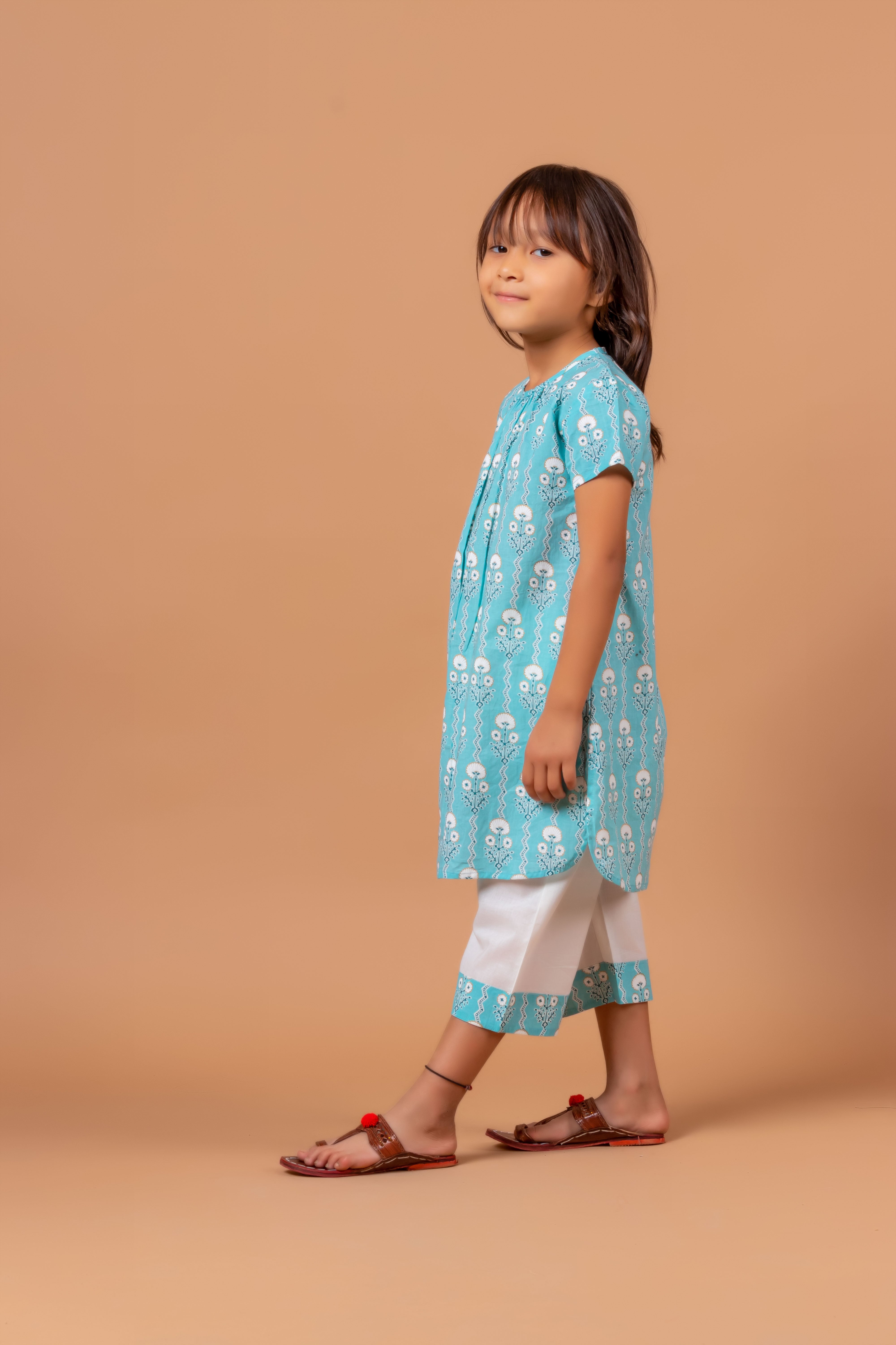 Girls Printed Kurta Set Monika Blue