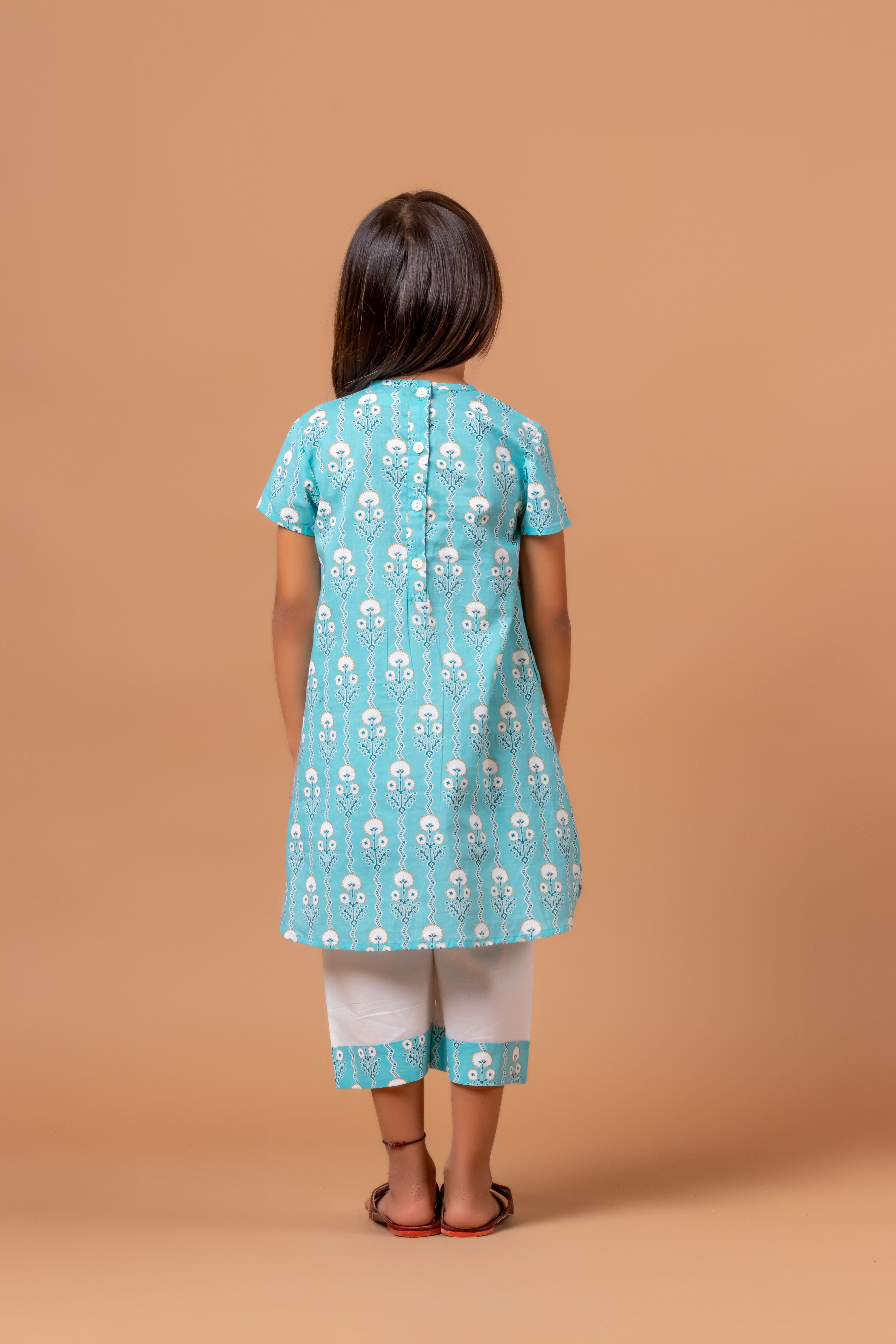 Girls Printed Kurta Set Monika Blue