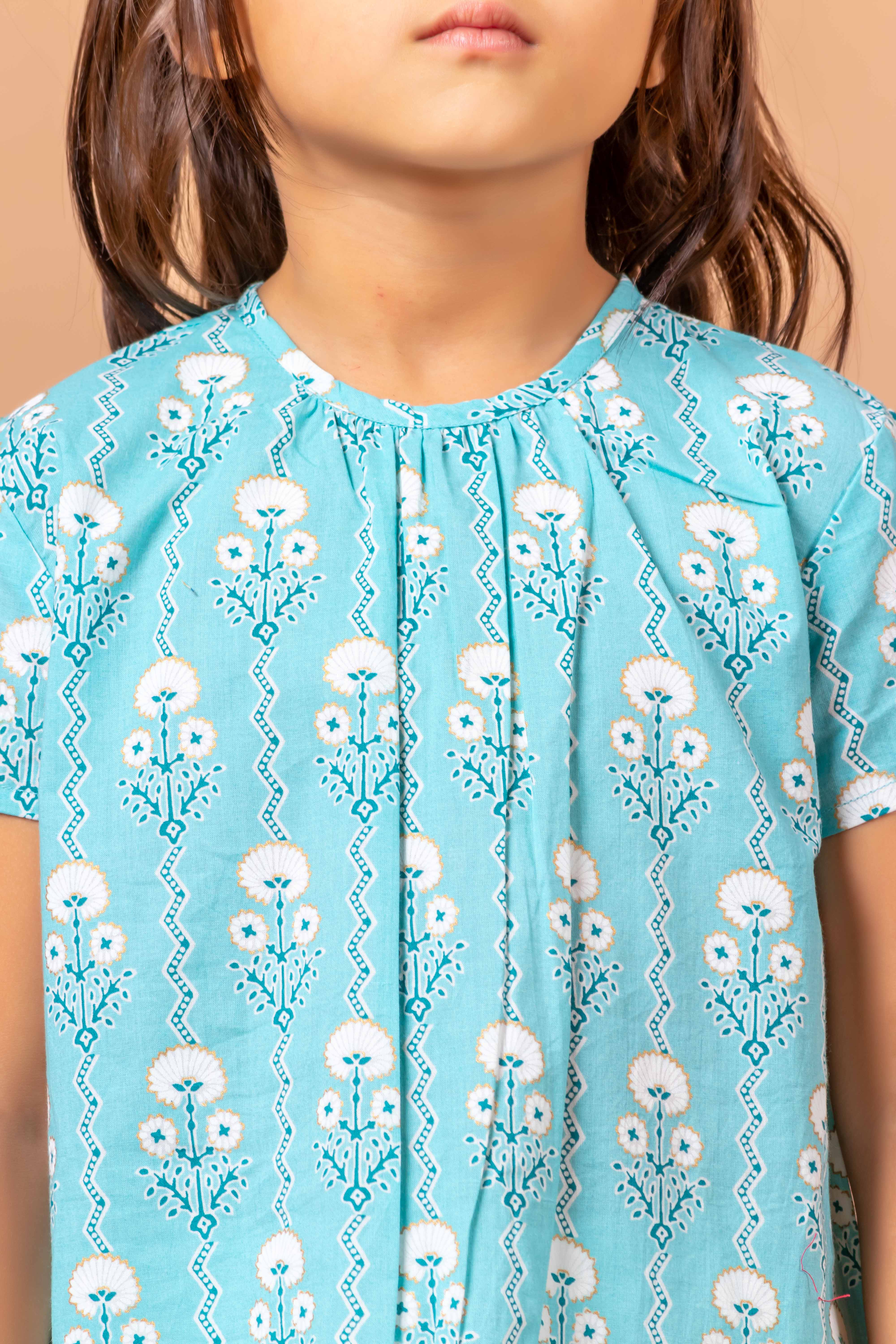 Girls Printed Kurta Set Monika Blue