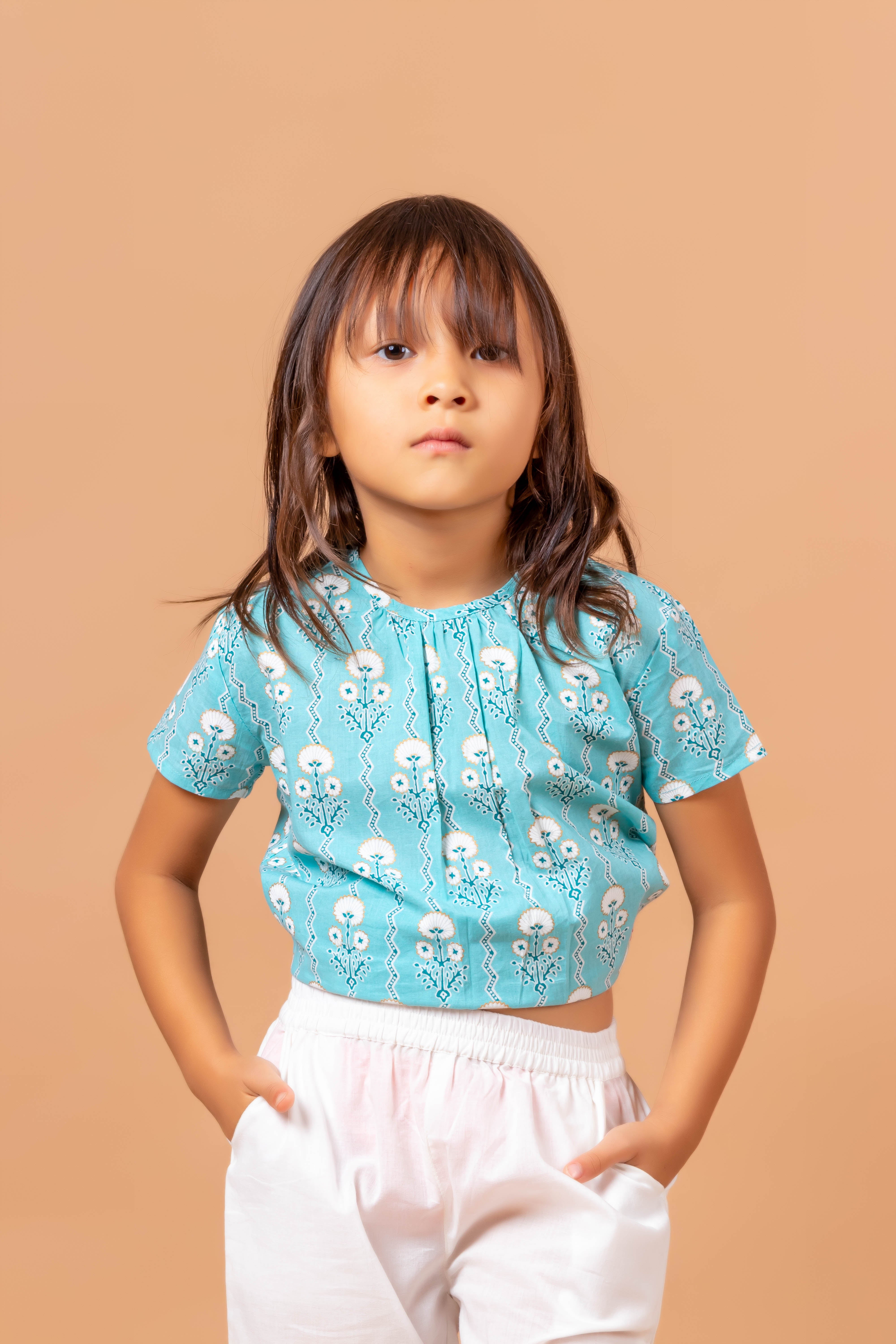 Girls Printed Kurta Set Monika Blue