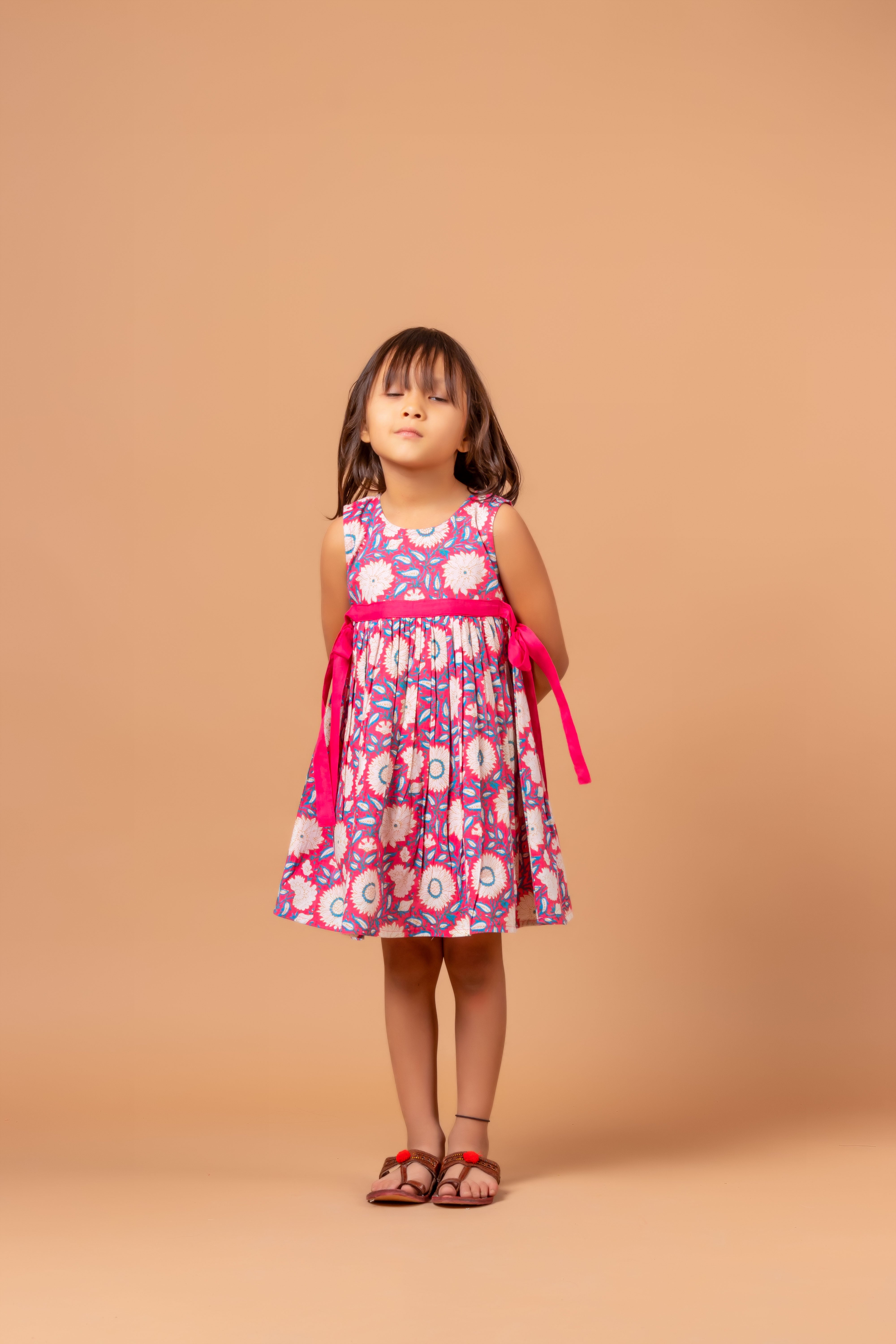 Girls Printed Floral Dress Pink- 20400