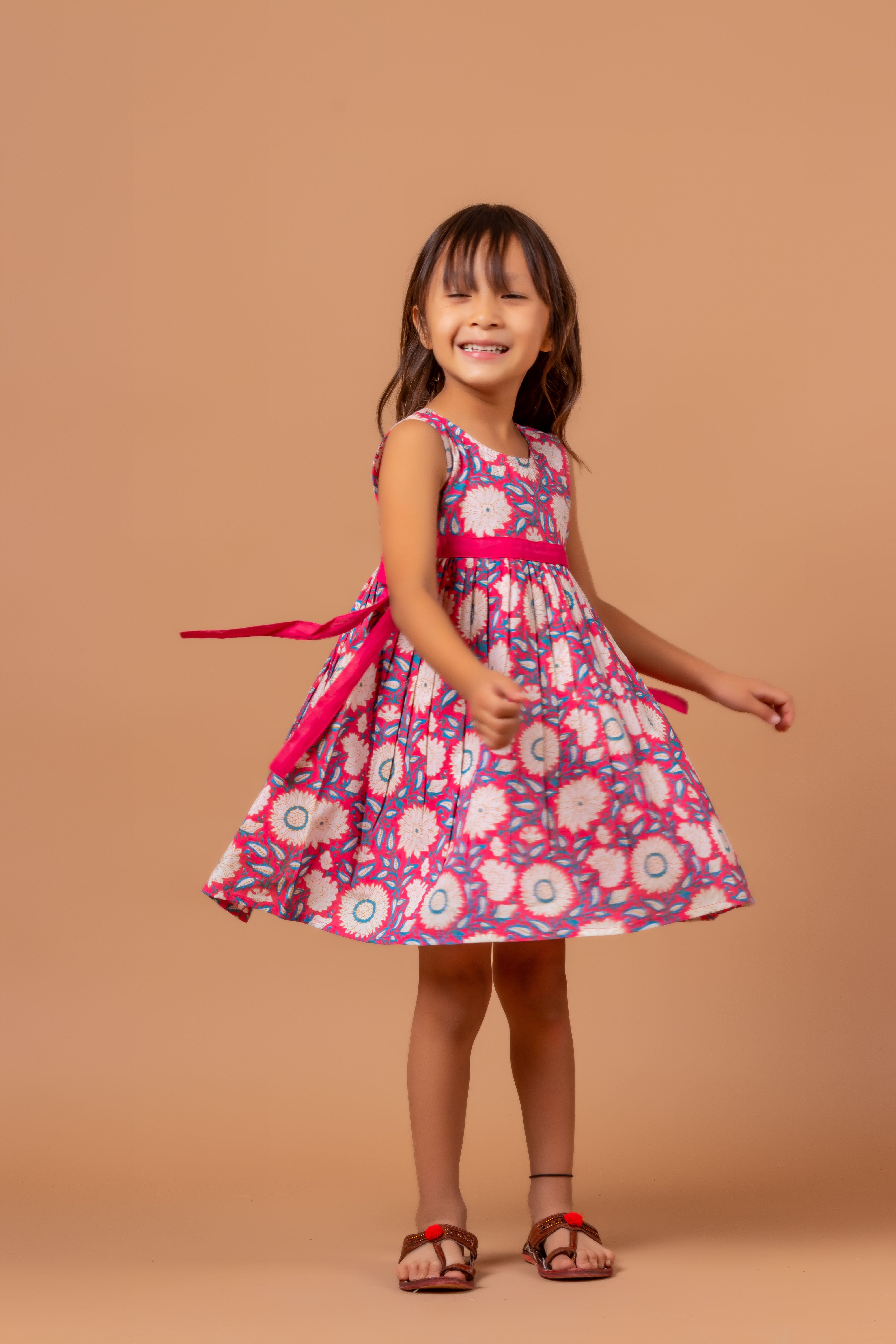 Girls Printed Floral Dress Pink- 20400