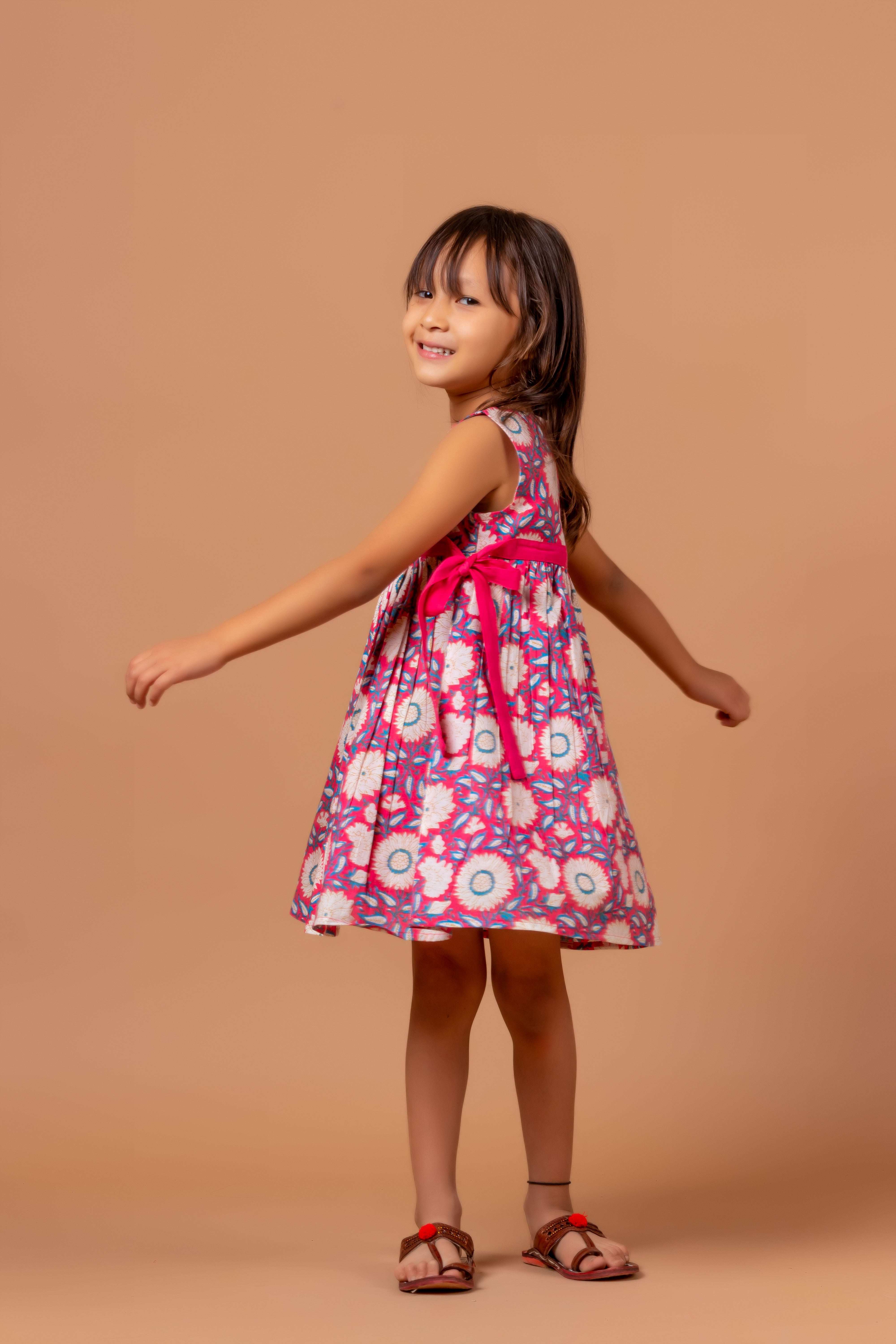 Girls Printed Floral Dress Pink- 20400