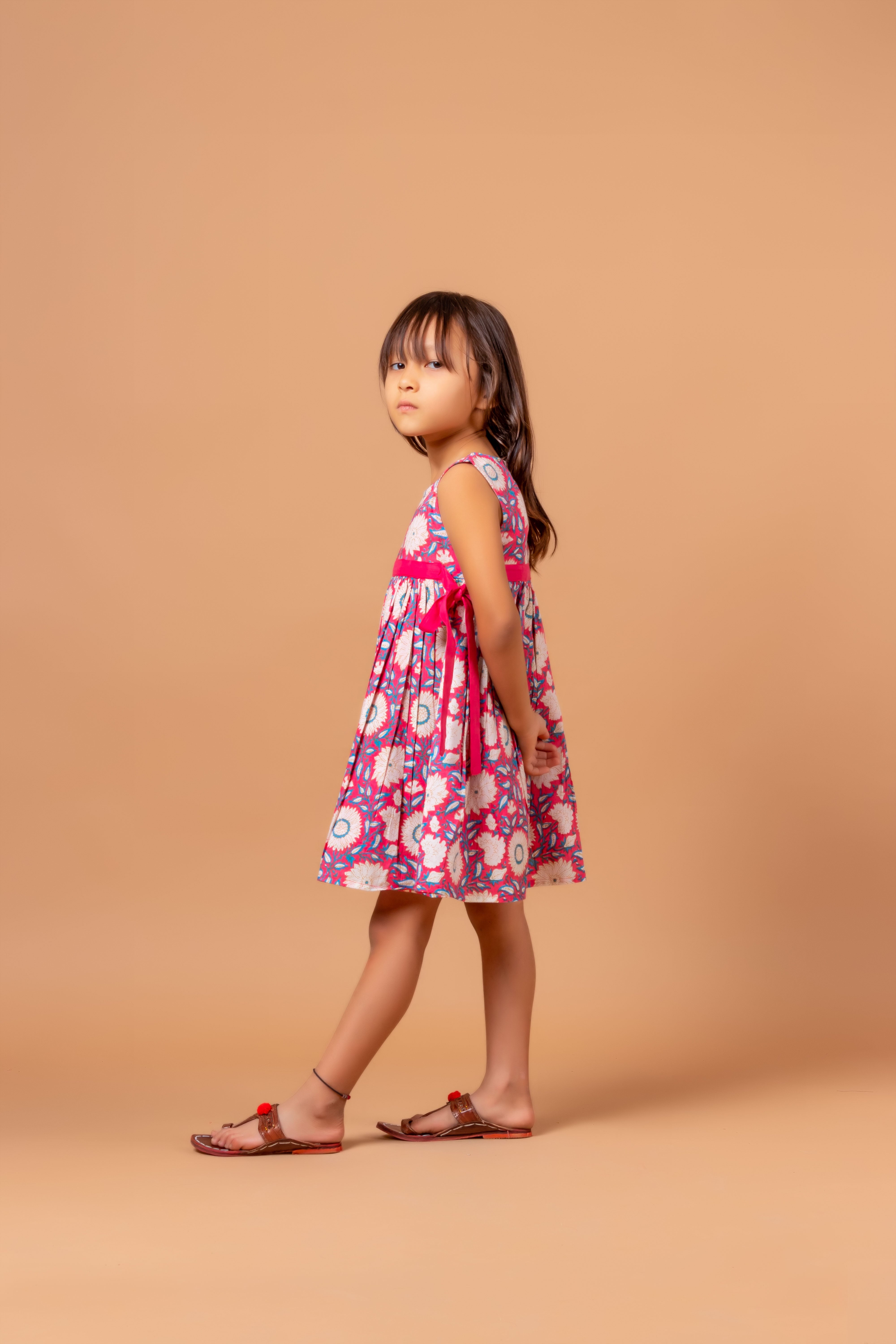 Girls Printed Floral Dress Pink- 20400