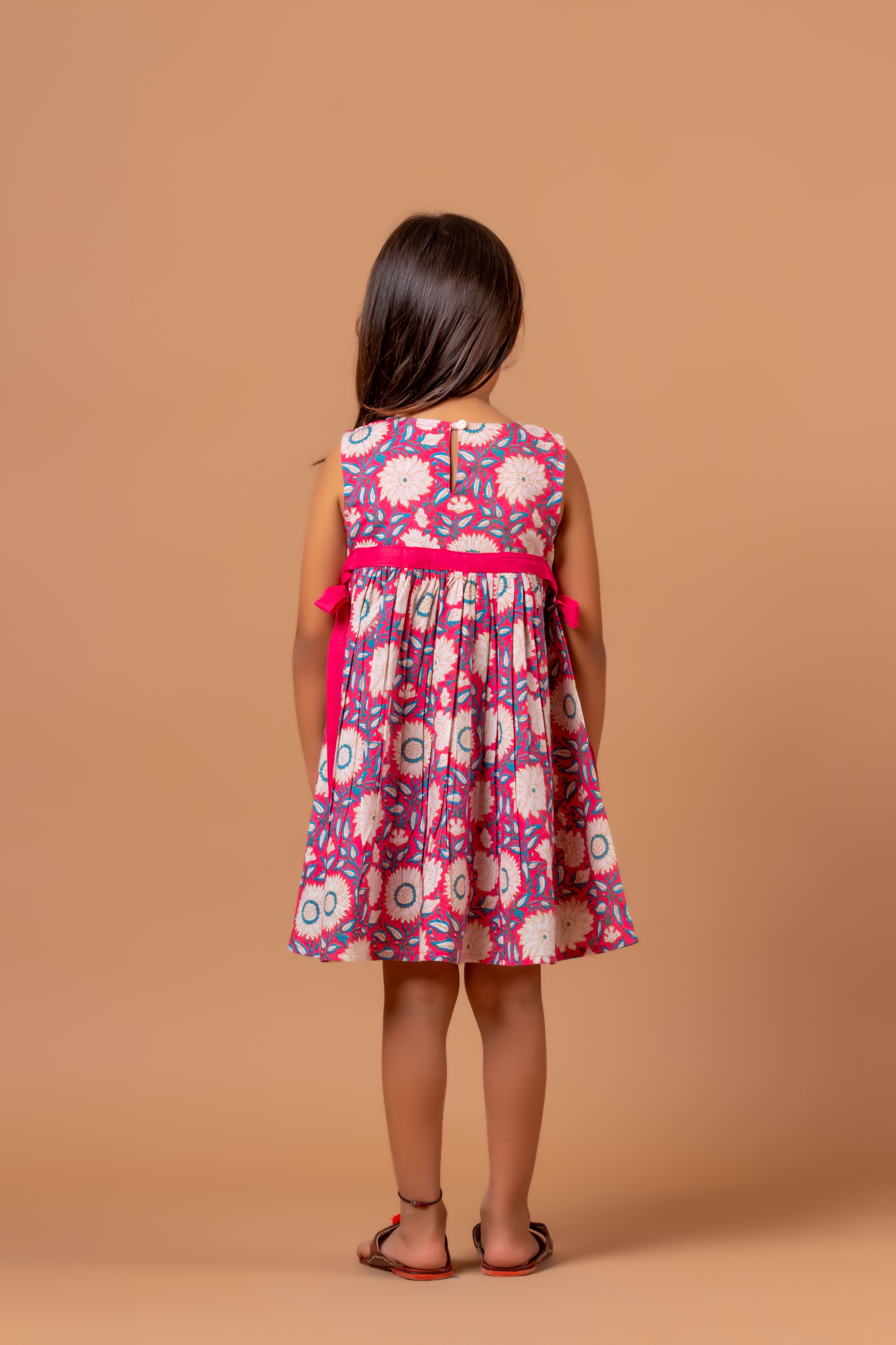 Girls Printed Floral Dress Pink- 20400