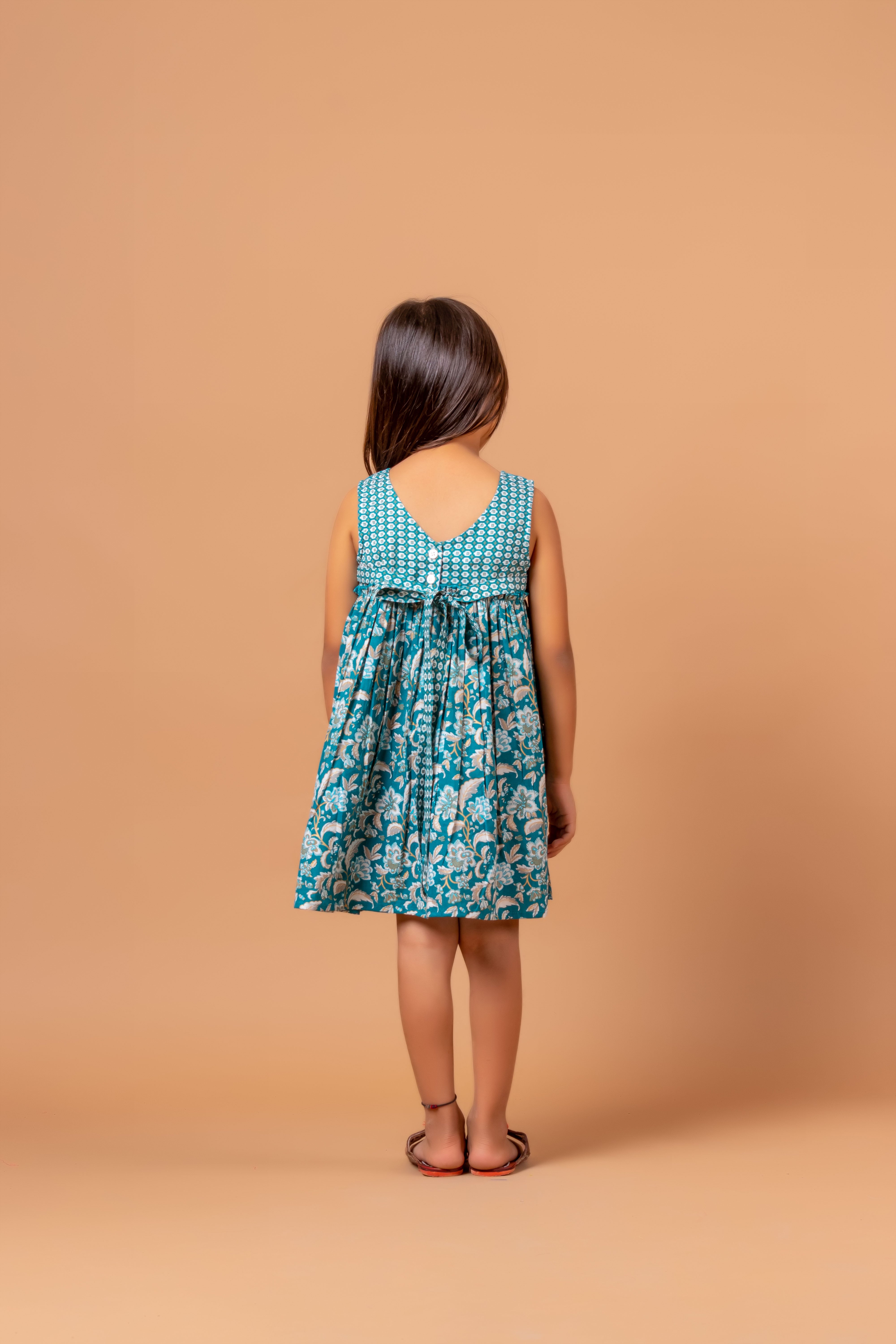 Girls Printed Dress Teal Jaal- 20401