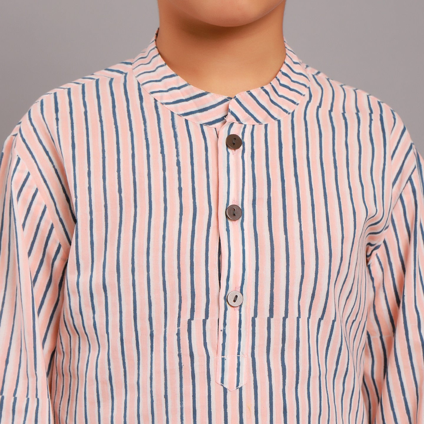 Block printed Boy's Striped Kurta Shirt Pink