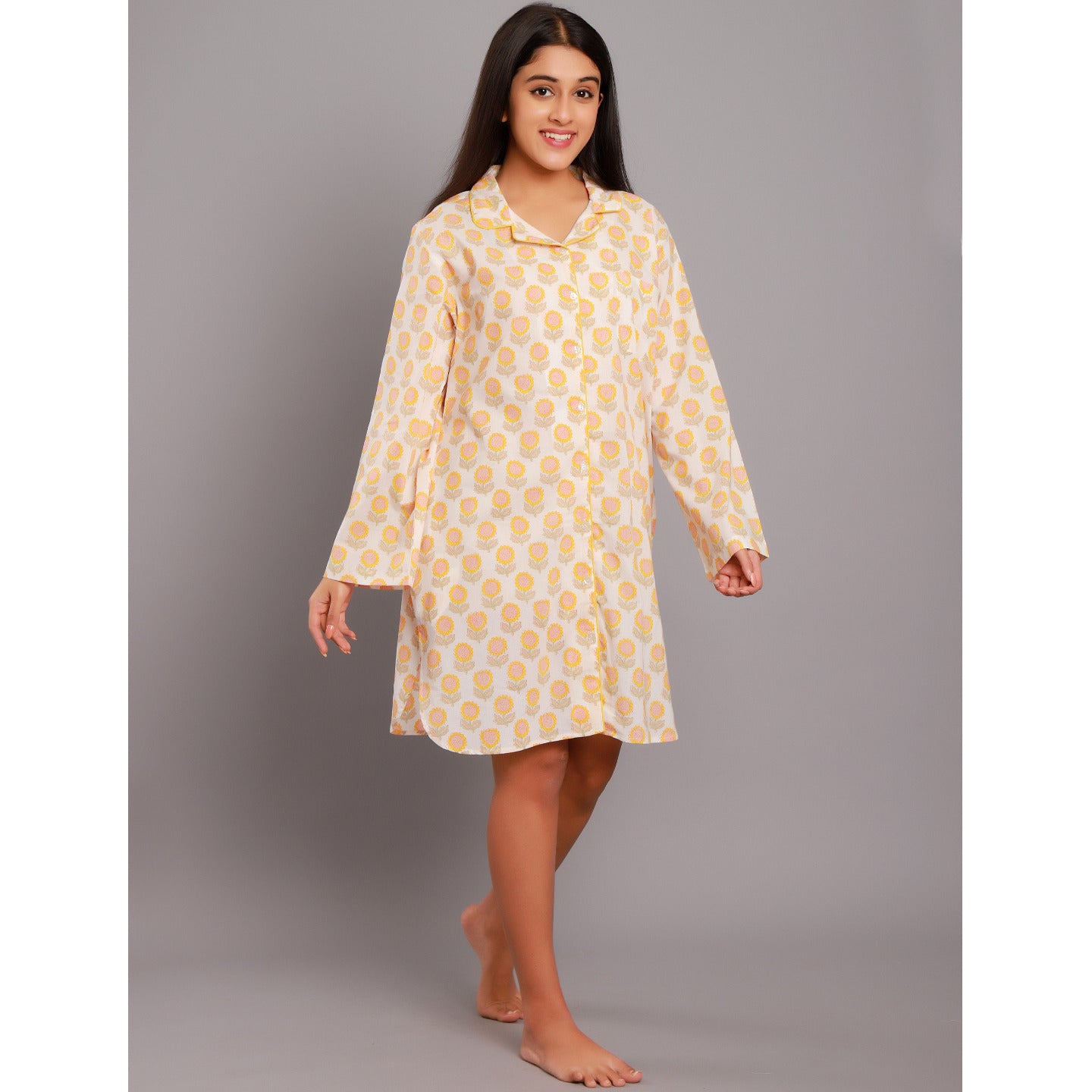 Block Printed Women night shirts Sunflower yellow