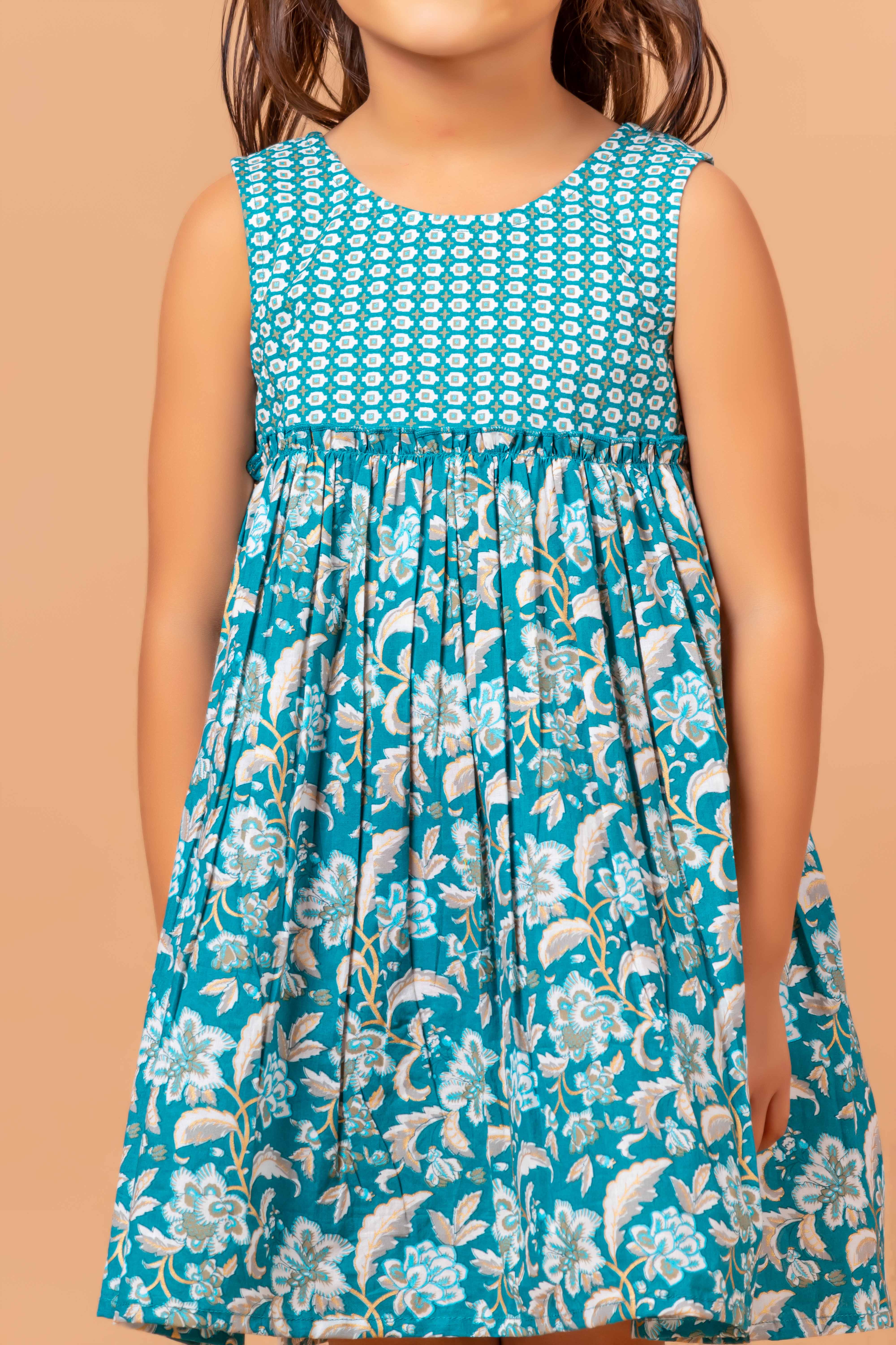 Girls Printed Dress Teal Jaal- 20401