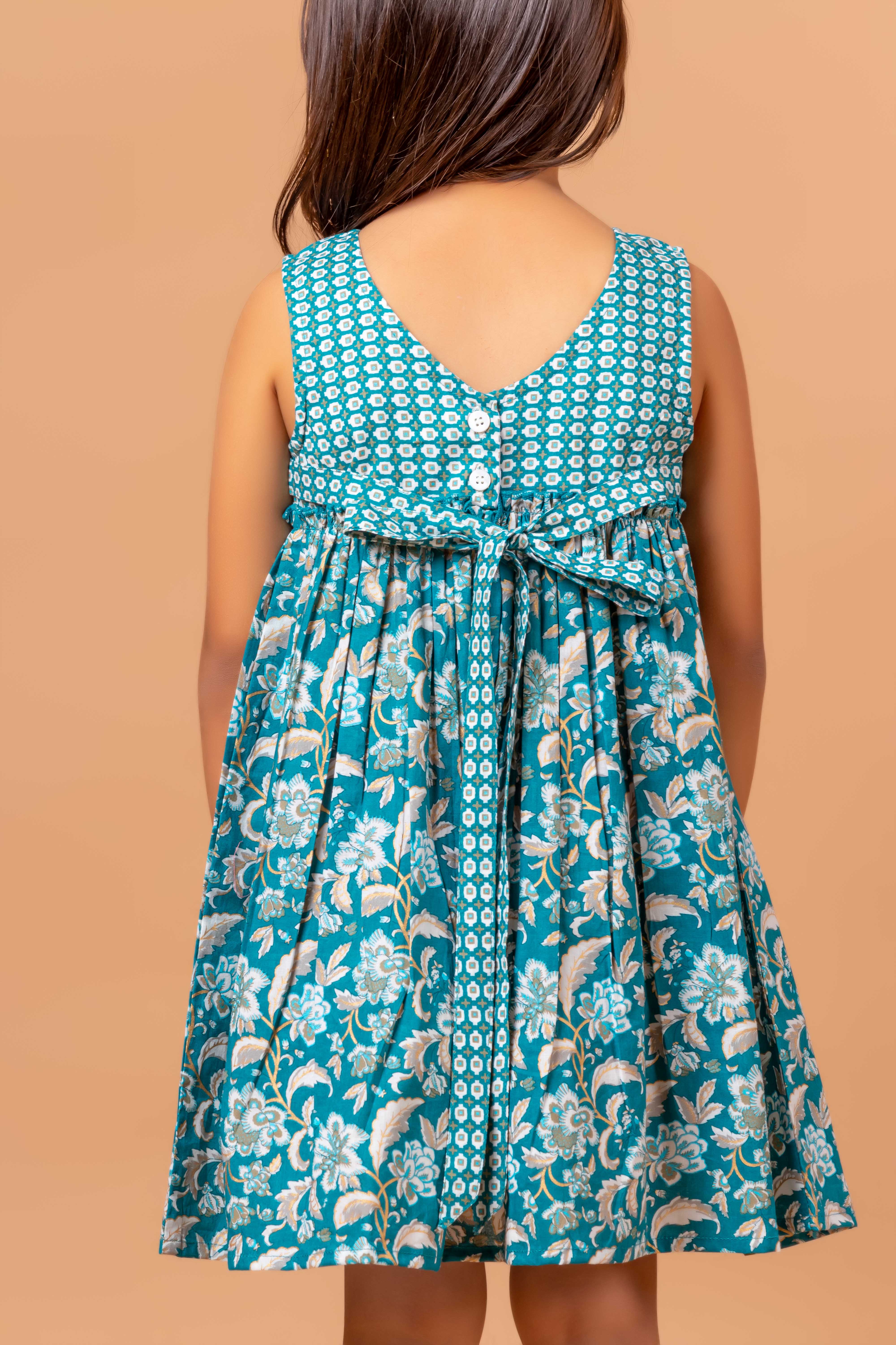 Girls Printed Dress Teal Jaal- 20401