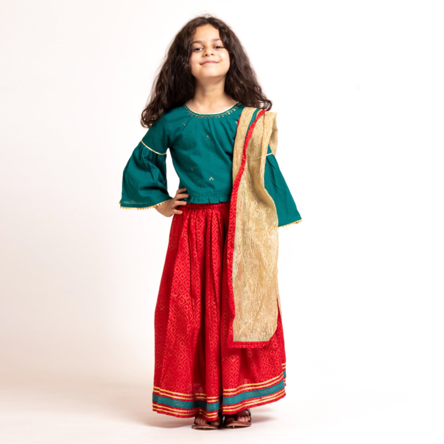 Girl's Embroidered Lehenga Choli Green- Red