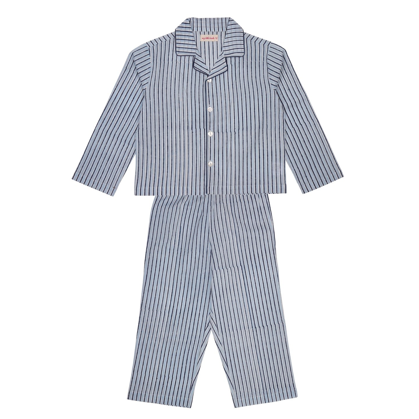 Block Printed Unisex Night Suit Set Stripes Blue