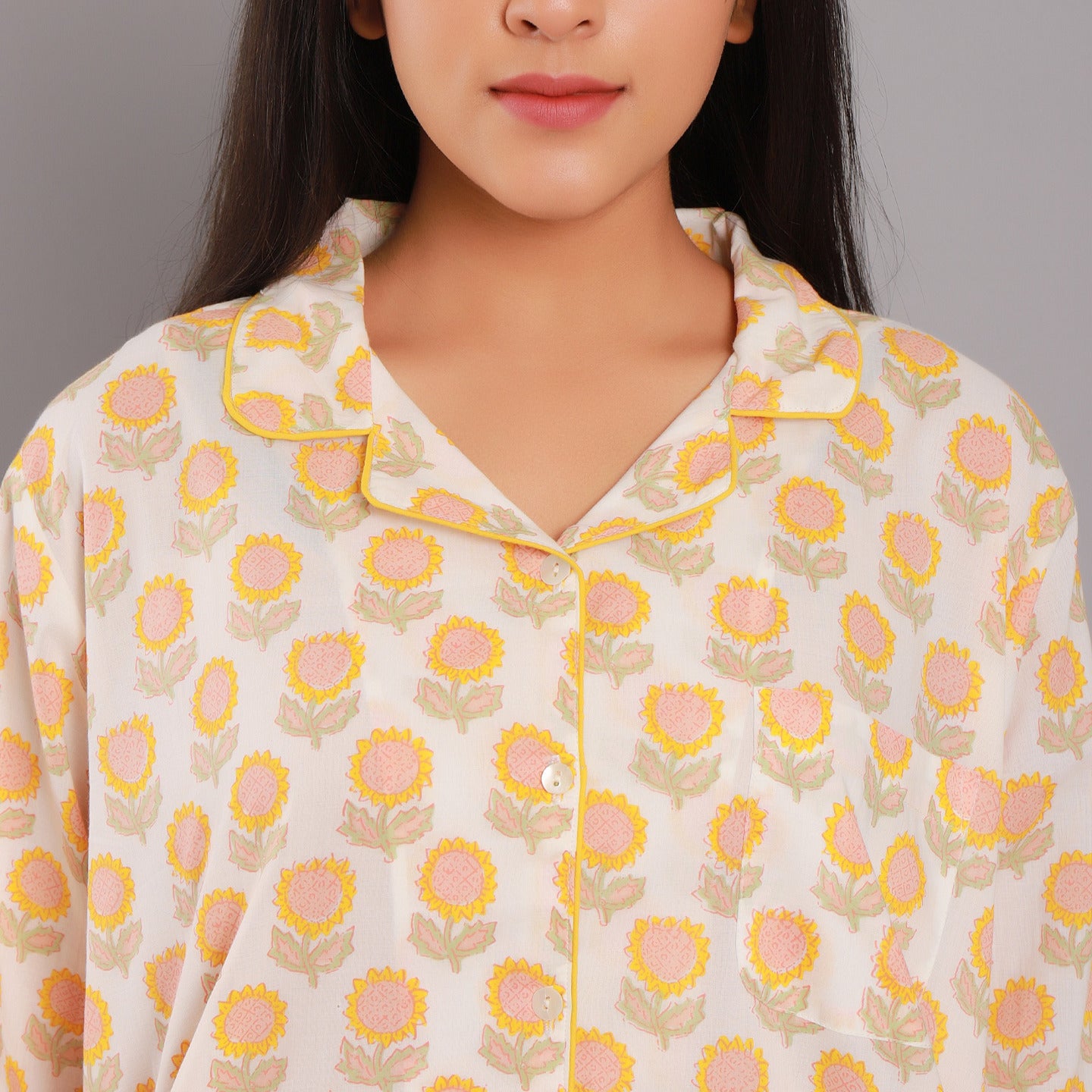 Block Printed Women night shirts Sunflower yellow