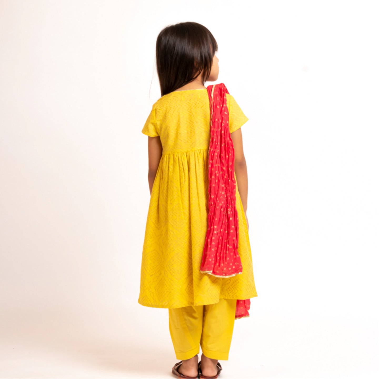 Girl's Block printed Embroidered Kurta Set Yellow
