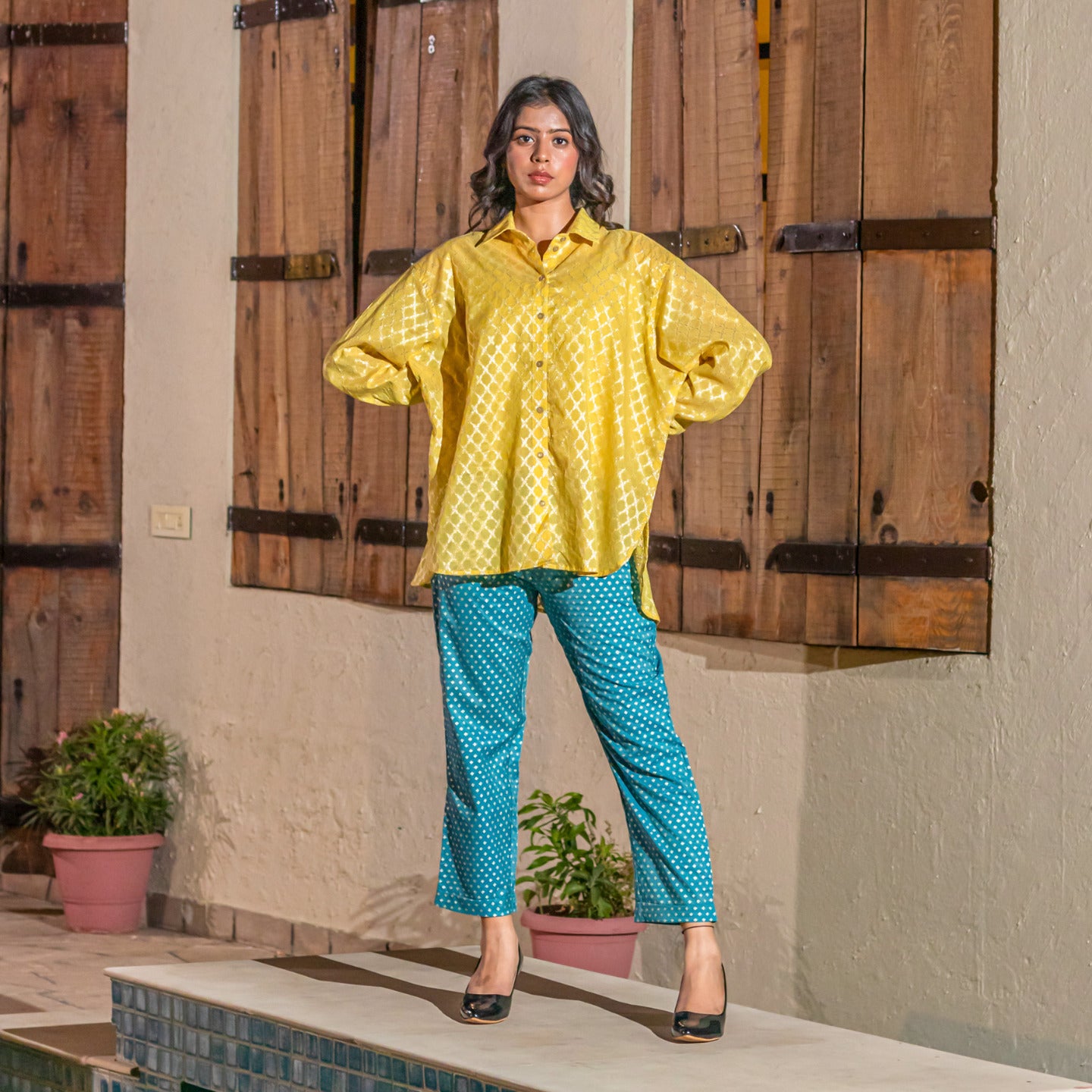 Women Jacquard Over sized Shirt Pants Set Yellow- Blue