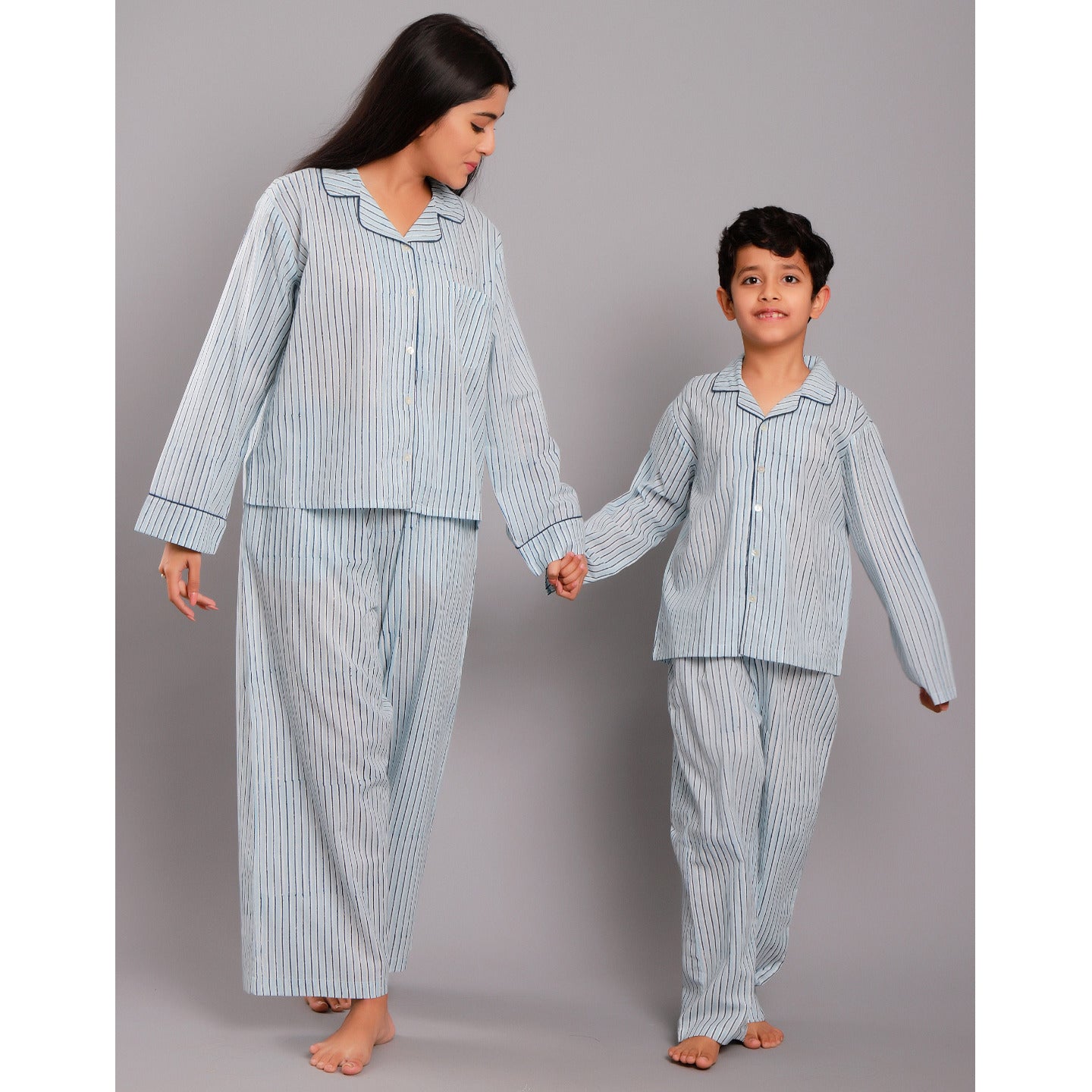 Block Printed Unisex Night Suit Set Stripes Blue