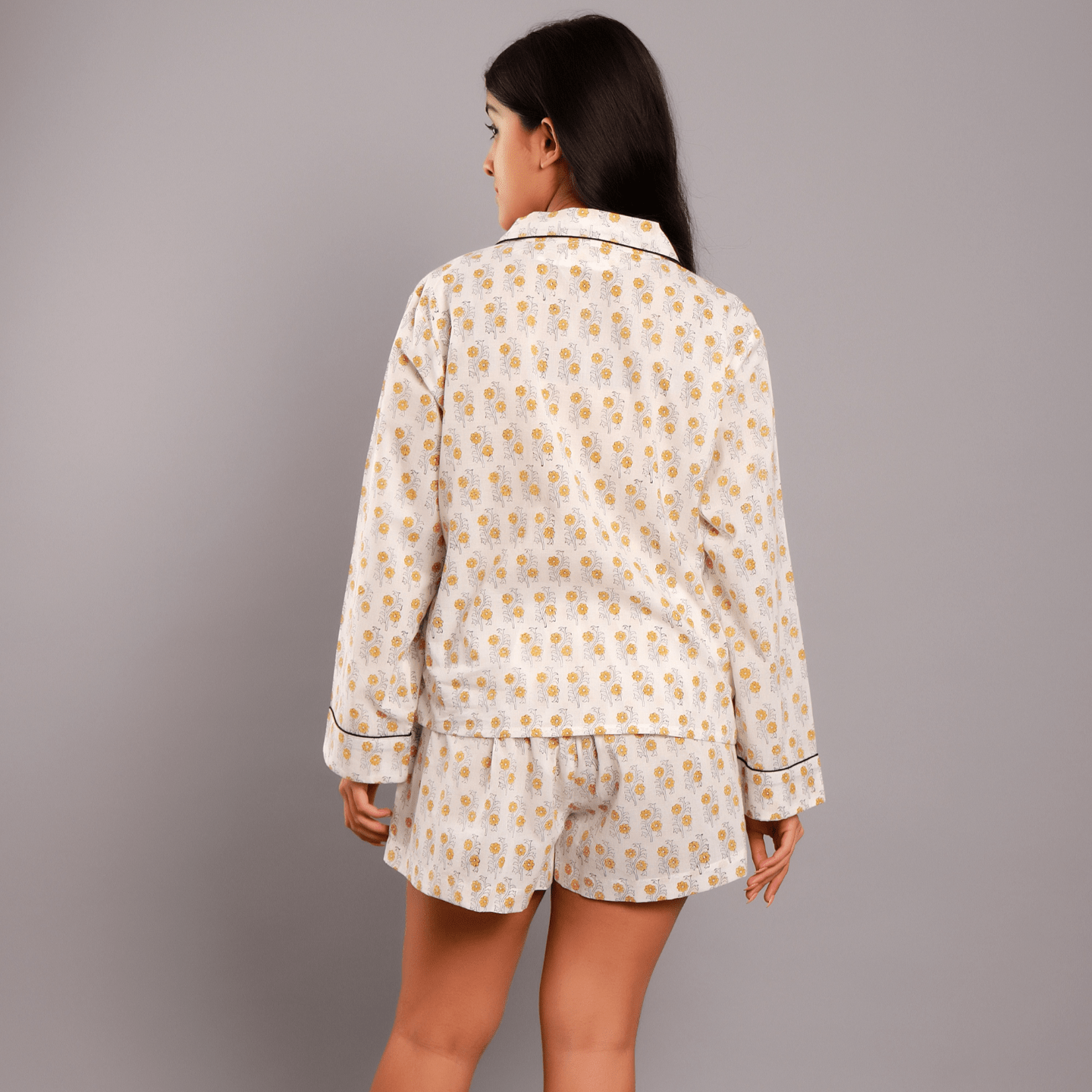 Women nightsuit shorts Ethnic buti yellow block printed