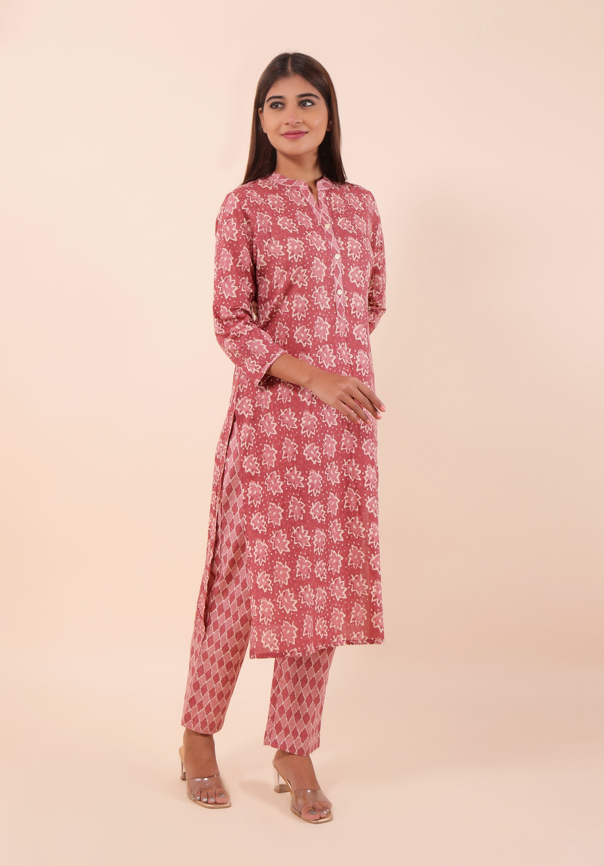 Women Kurta Set Floral Raspberry