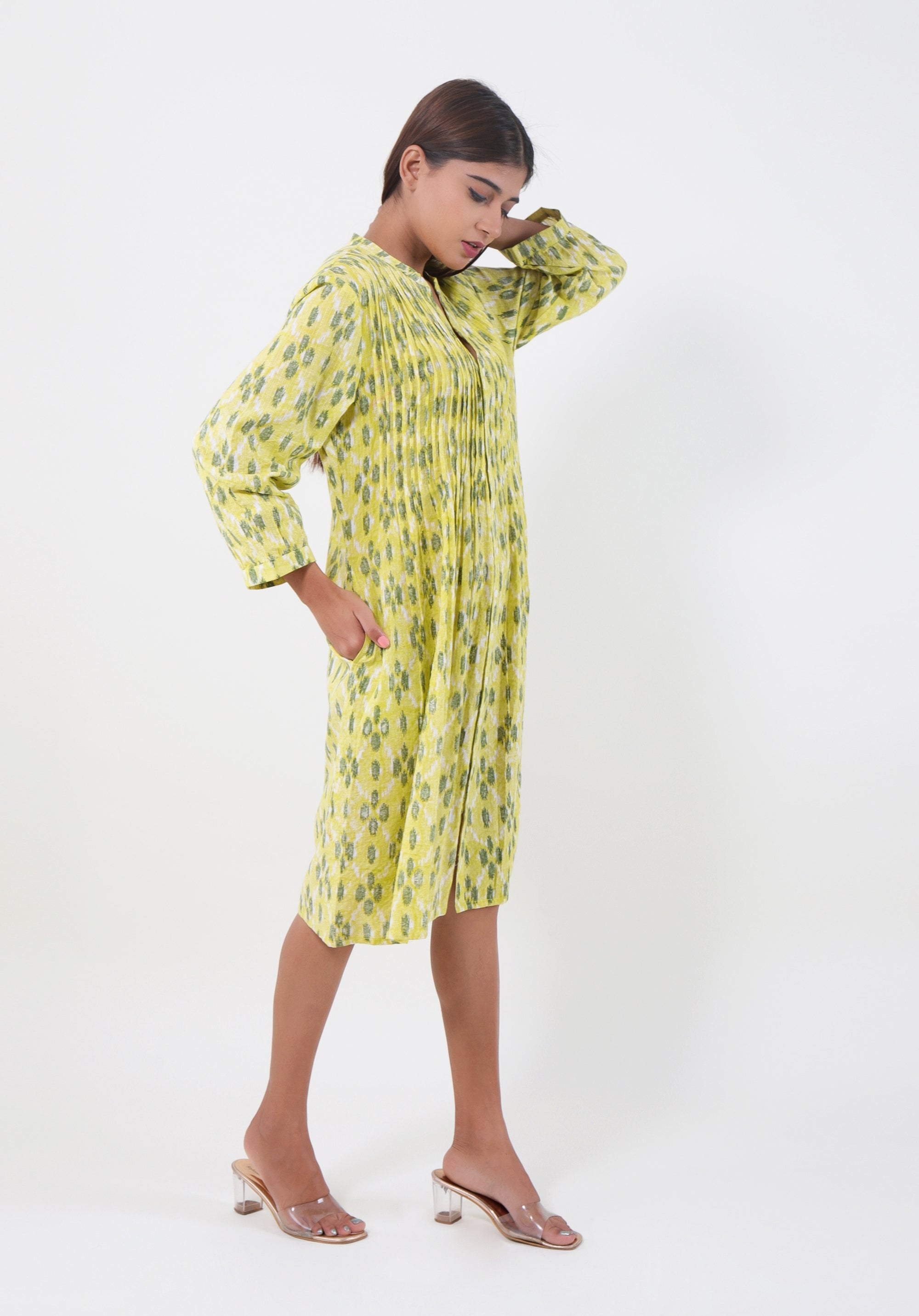 Women Printed dress Kris pin tuck ikkat kantha Yellow