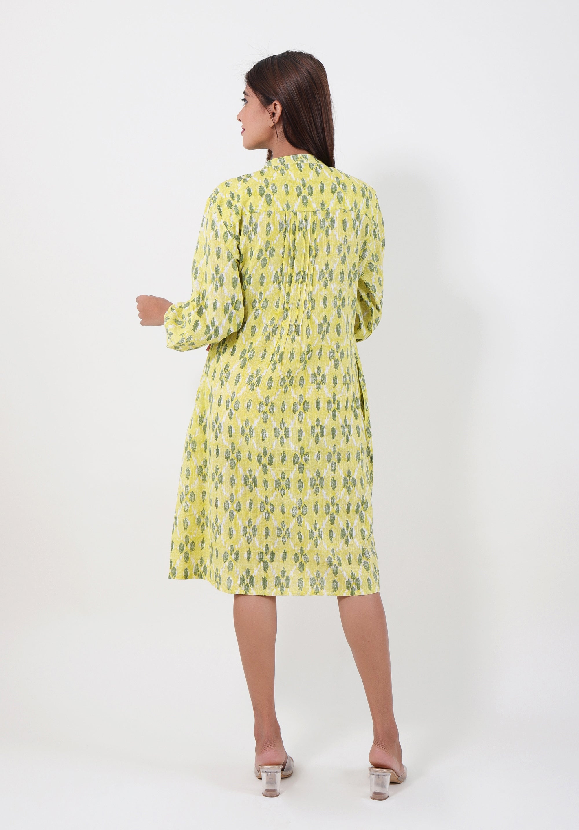 Women Printed dress Kris pin tuck ikkat kantha Yellow