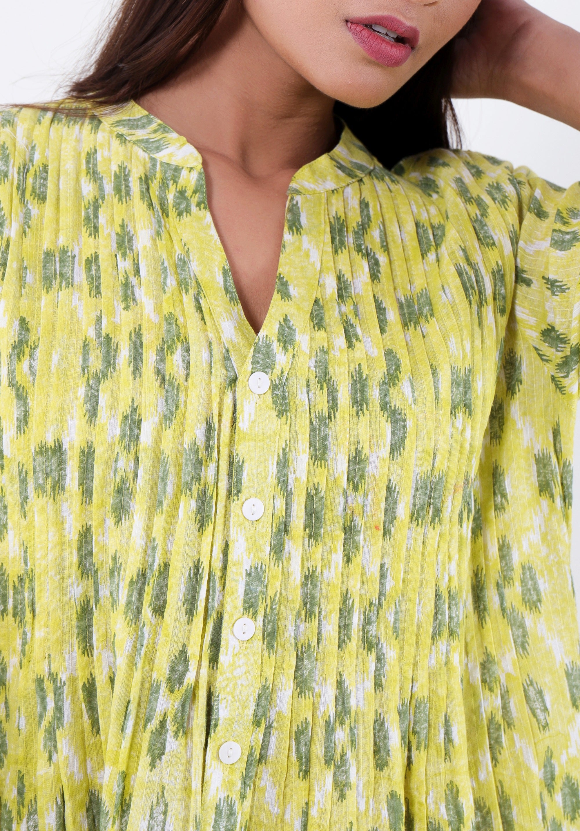 Women Printed dress Kris pin tuck ikkat kantha Yellow
