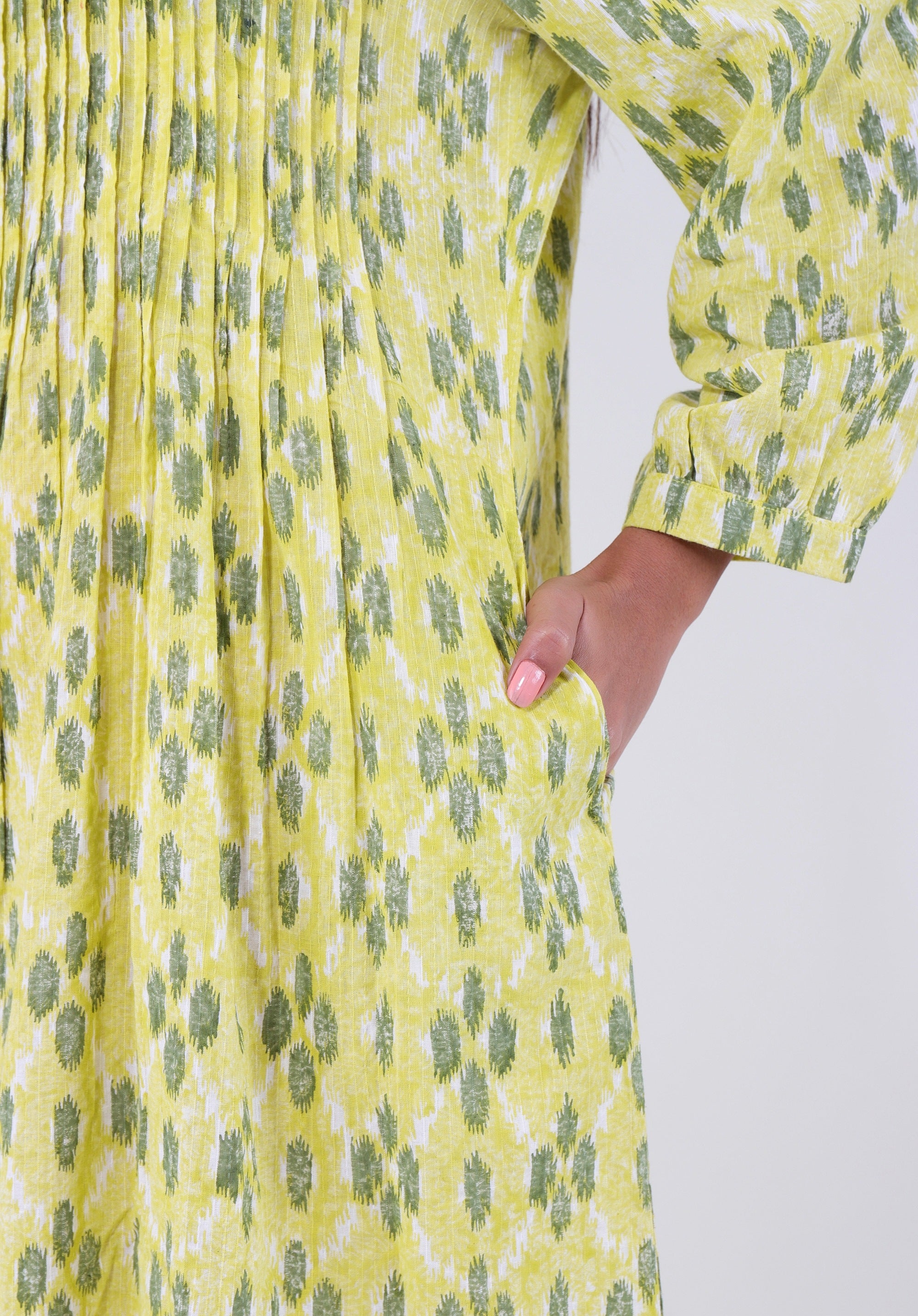 Women Printed dress Kris pin tuck ikkat kantha Yellow