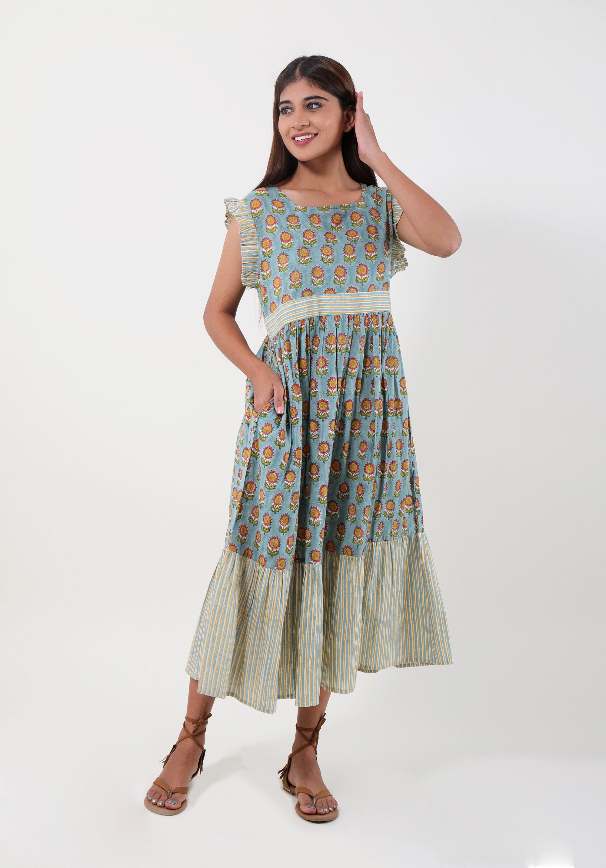 Women Printed dress Divya Sunflower Blue.