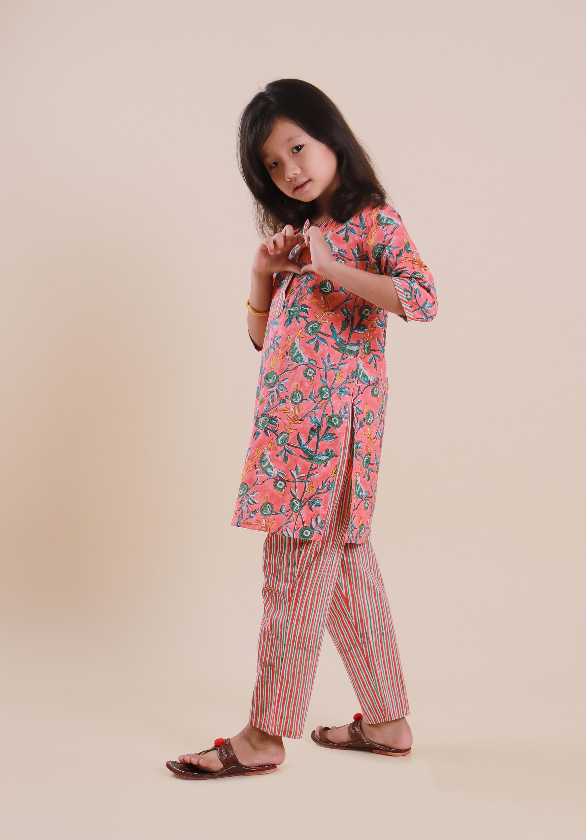 Girls Block Printed Kurta Set Bird Pink