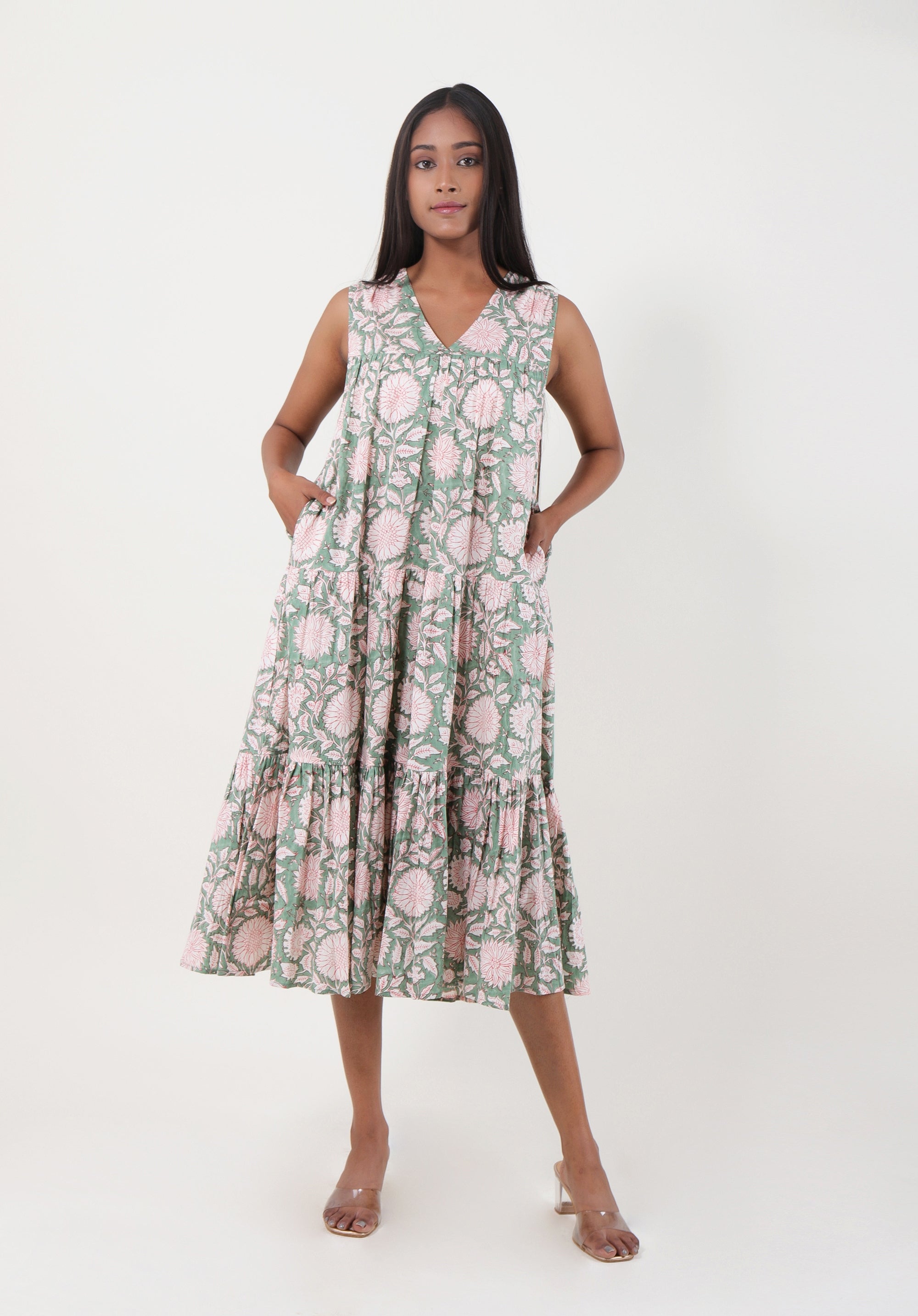 Women Tiered dress Nirmala Floral Green