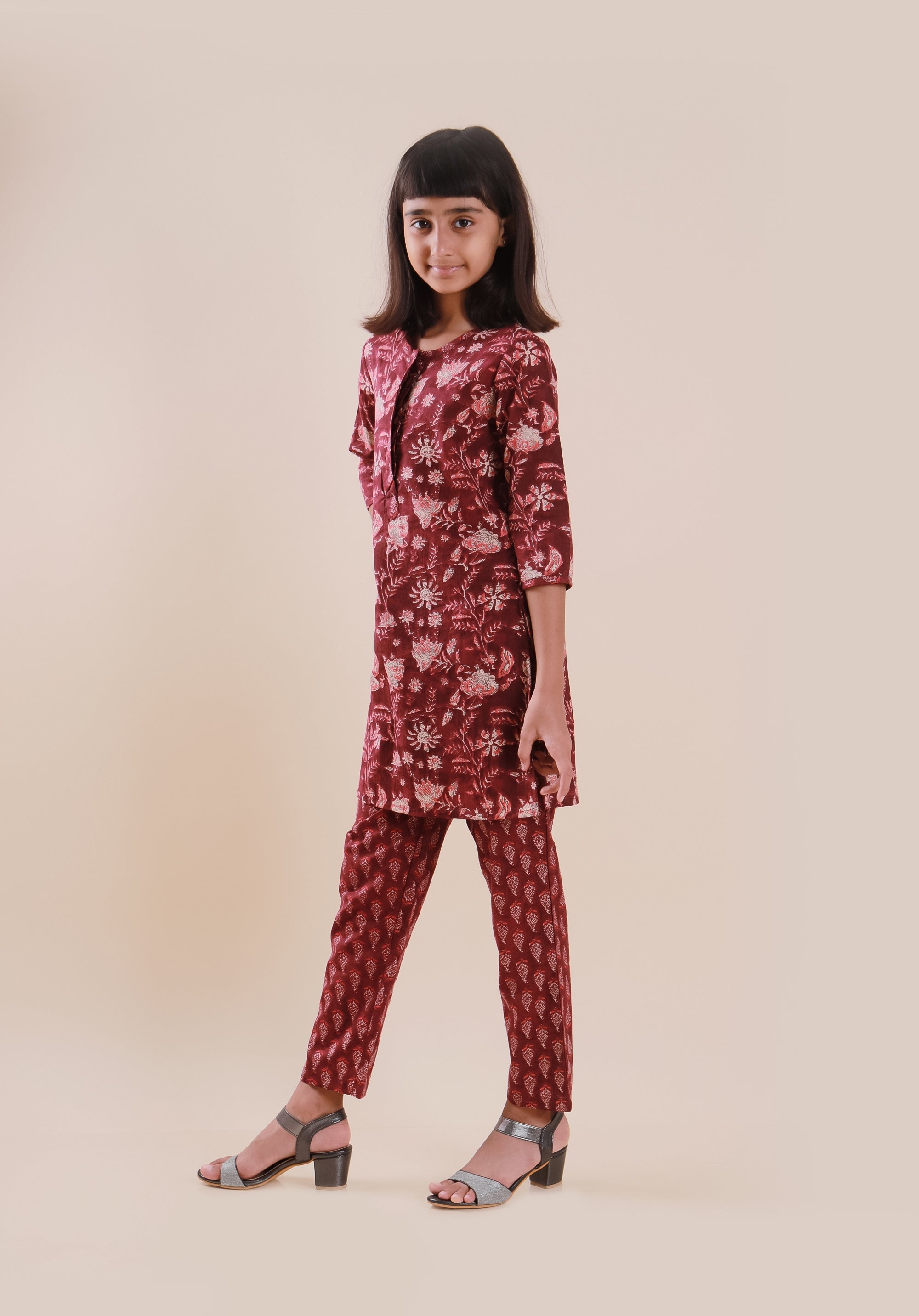 Girls Printed Kurta Set Maroon Jaal